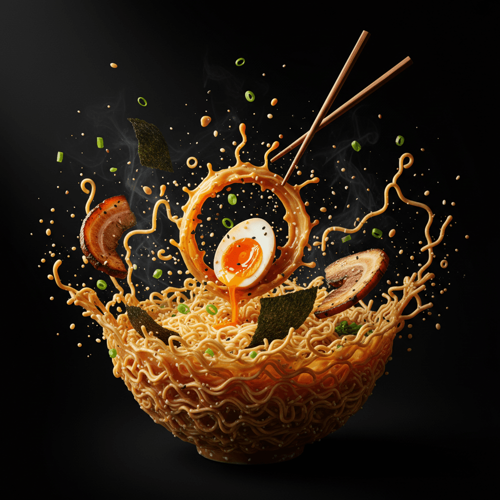 Hundreds of golden ramen noodles, broth droplets, a breaking egg, chashu and nori suspended mid-air in a dynamic zero-gravity explosion against a dark ground