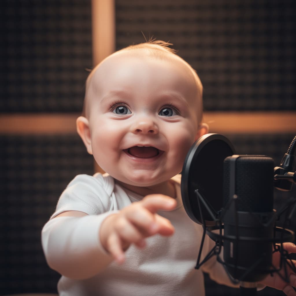A close-up square portrait of a happy, smiling baby reaching toward a professional studio microphone with a pop filter. Generated using Flux.2 [pro] via image-to-image at 1024x1024 resolution, the scene features acoustic foam panels in the warm, softly-lit background.