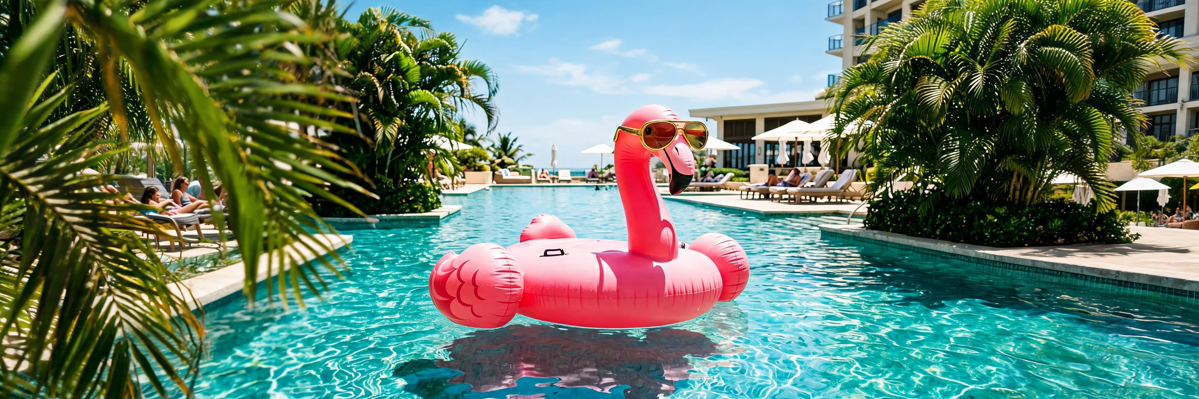 A panoramic 3:1 image showing a bright pink inflatable flamingo wearing gold aviator sunglasses floating in a clear turquoise resort pool. Lush green palm trees frame the scene under a bright blue sky. Generated using Seedream 5.0 Lite at a resolution of 5586x1862.