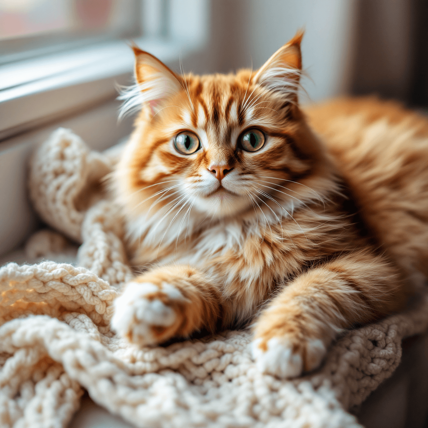 A close-up shot of a fluffy ginger tabby cat with bright green eyes and white paws, lying on a cream-colored knitted blanket. Generated using Flux 1.1 Pro at 1440x1440 resolution, the image features soft natural lighting near a window with a shallow depth of field.