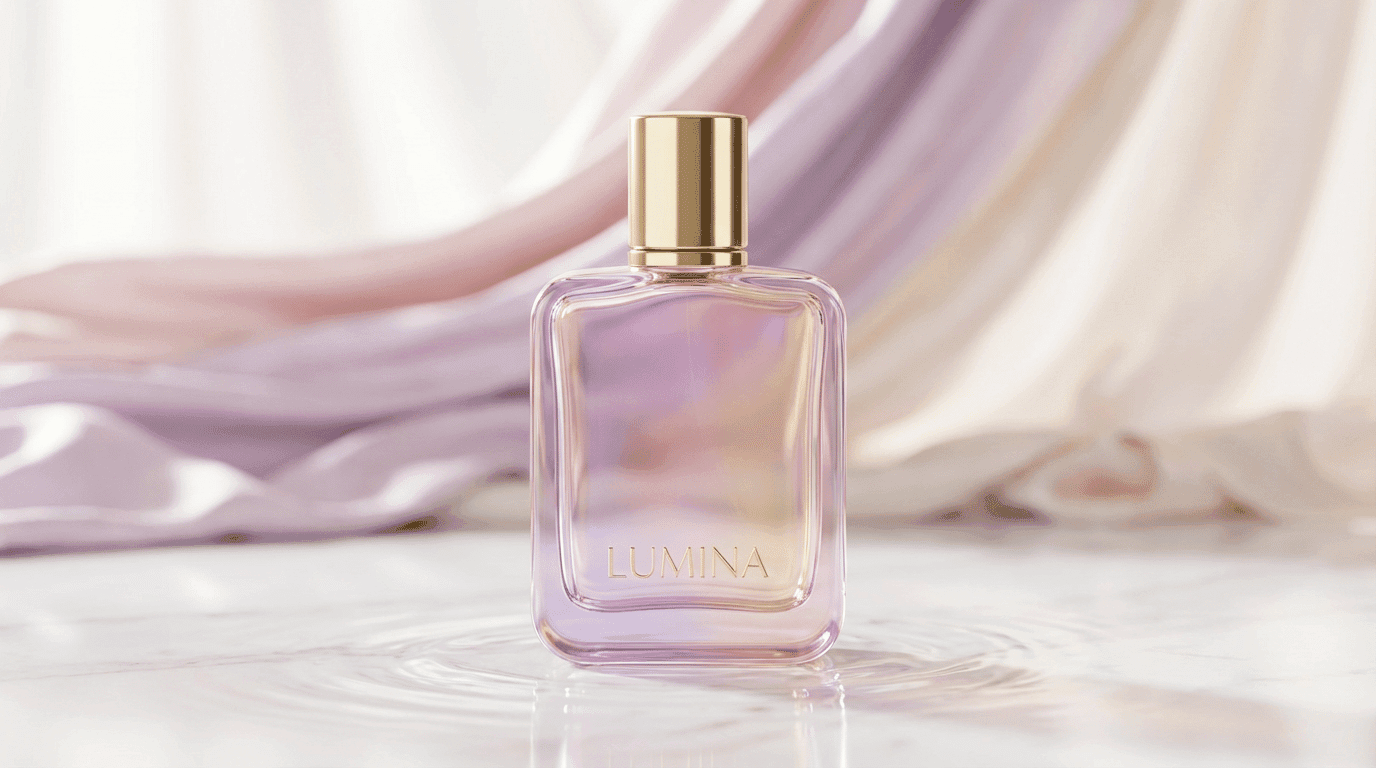 Lilac perfume bottle with a gold cap standing on rippling water in front of flowing pastel fabric