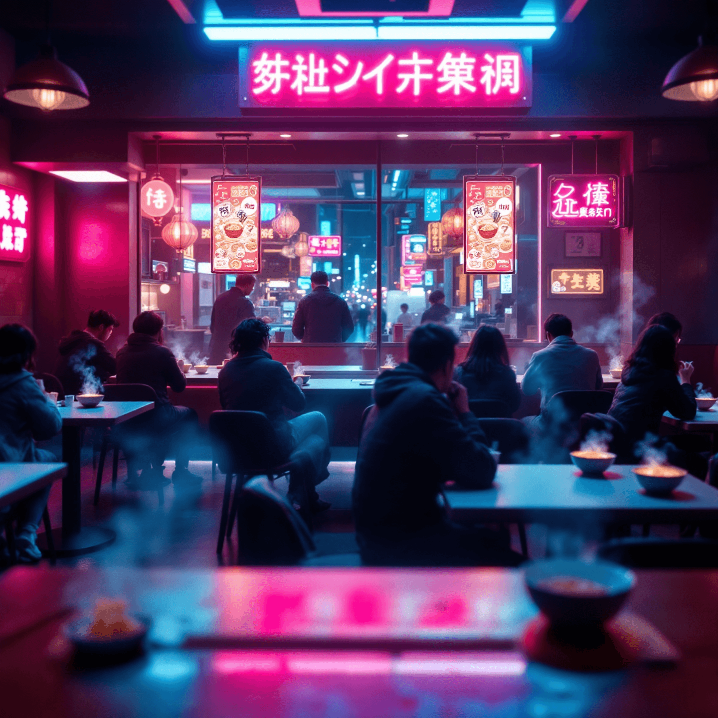 An indoor shot of a busy ramen restaurant at night, with patrons seated at tables eating steaming bowls of noodles. Glowing pink and blue neon signs hang above, casting a vibrant light across the scene. Generated by Flux 1.1 Pro at 1440x1440 resolution.