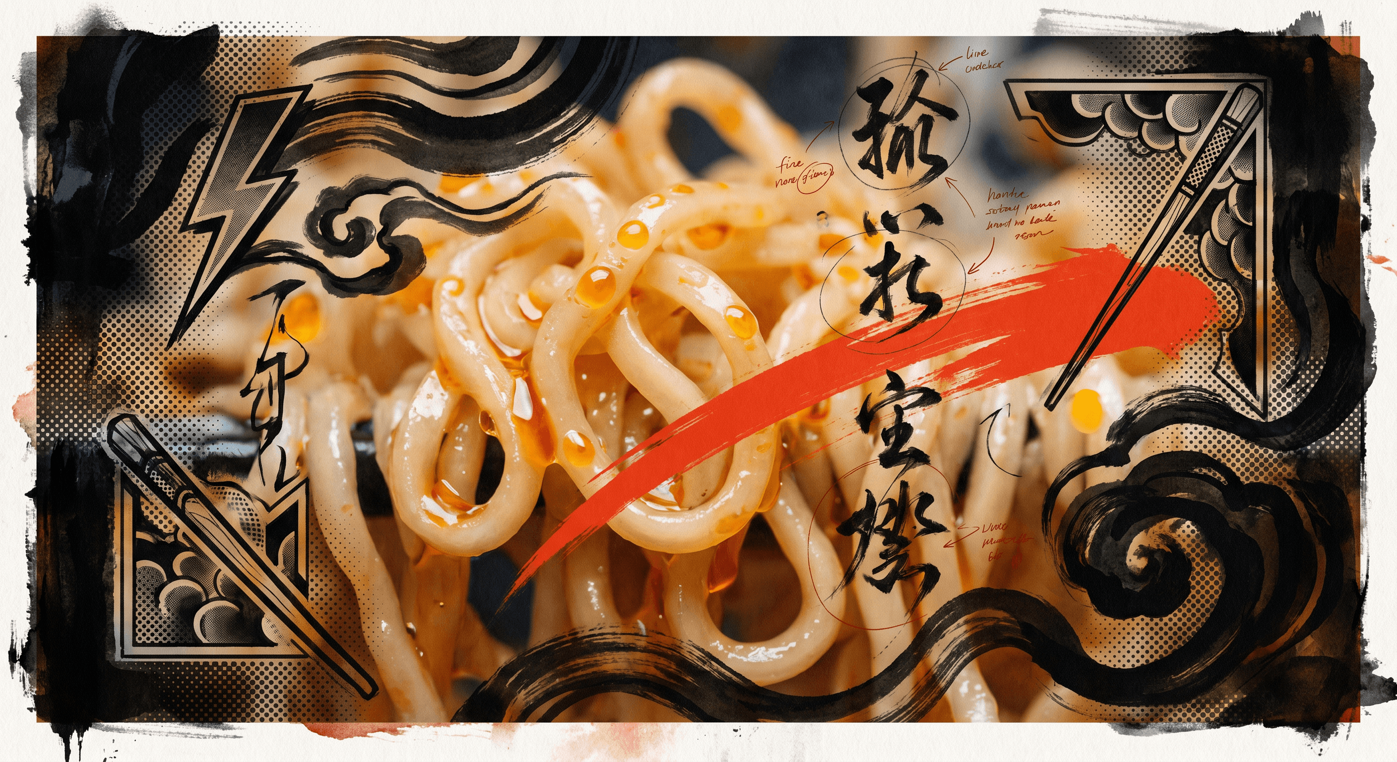 Extreme macro of glossy ramen noodles caught mid-lift, overlaid with bold irezumi tattoo linework and dry-brush sumi-e on a dark ground