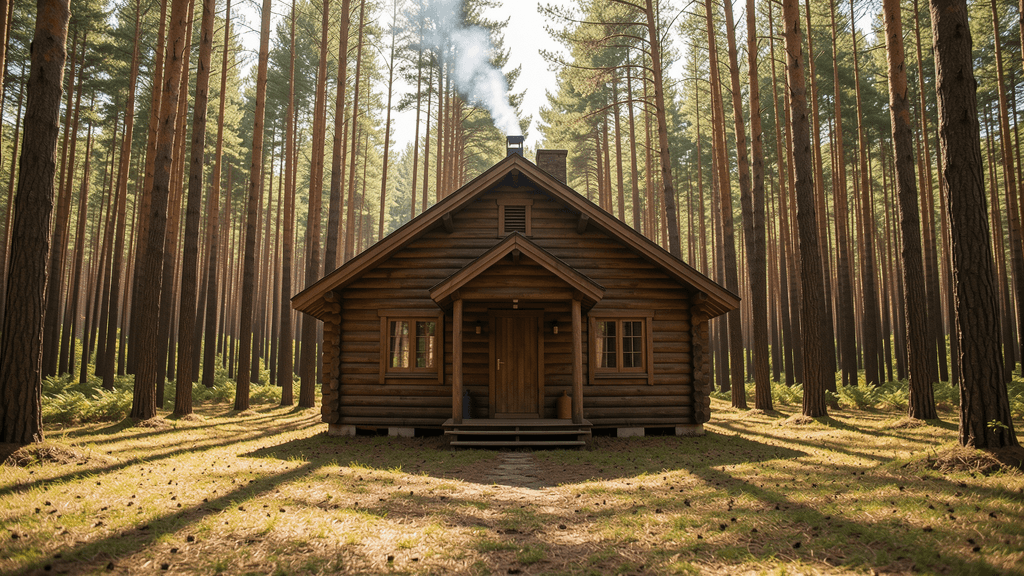A photorealistic wide shot of a rustic wooden cabin centered in a dense pine forest, generated by Flux.2 [klein] 9B at 1024x576 resolution. A thin trail of white smoke rises from the chimney into the sunny sky, with tall pine trees casting long shadows on the forest floor.
