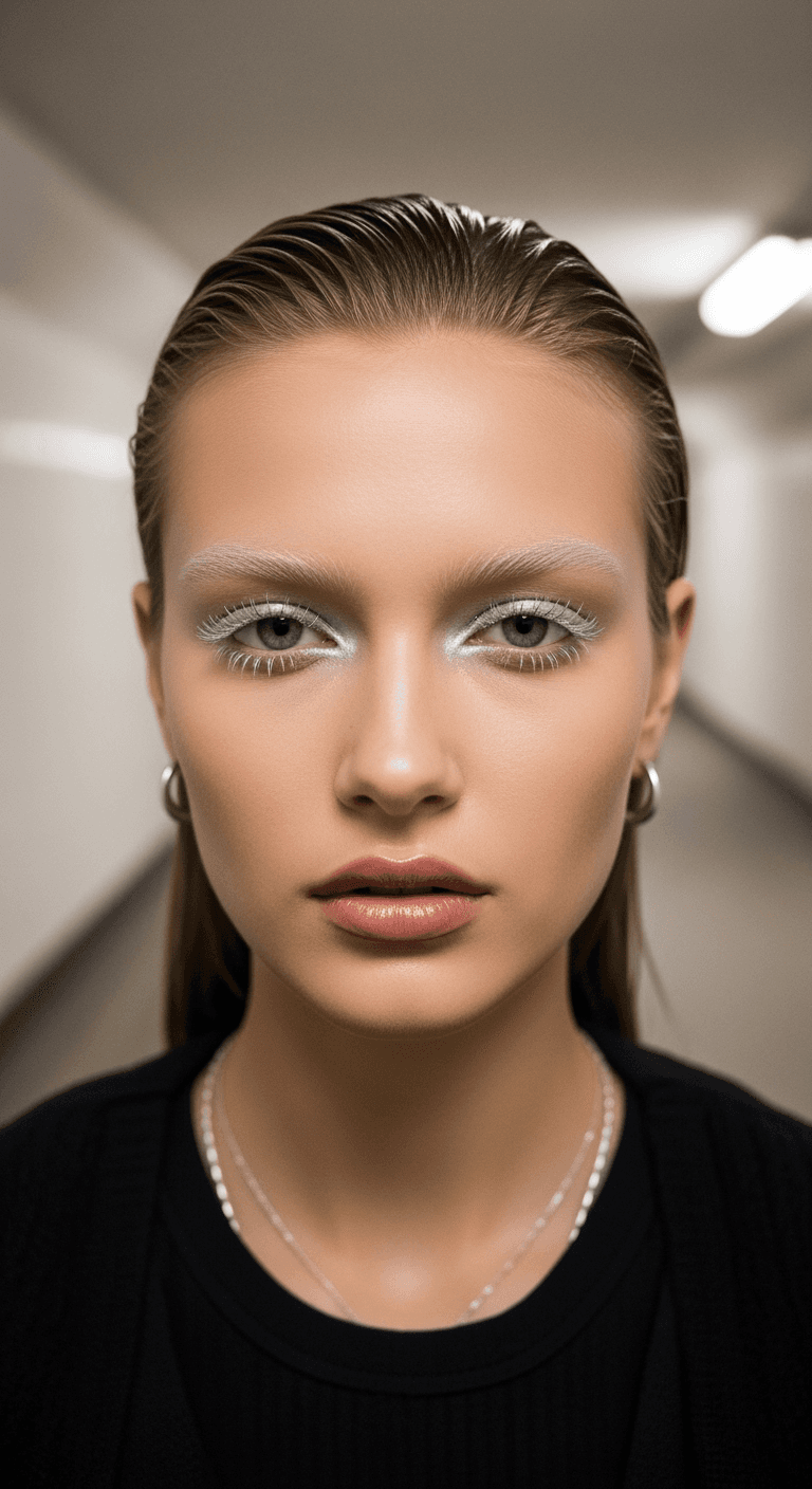 A vertical portrait of a young woman with slicked-back wet hair, bleached eyebrows, and shimmering silver eyeshadow and eyelashes. She wears a black top and a thin silver chain necklace, looking directly at the camera. The background is a softly blurred hallway. Generated at 768x1408 resolution using Imagen4.