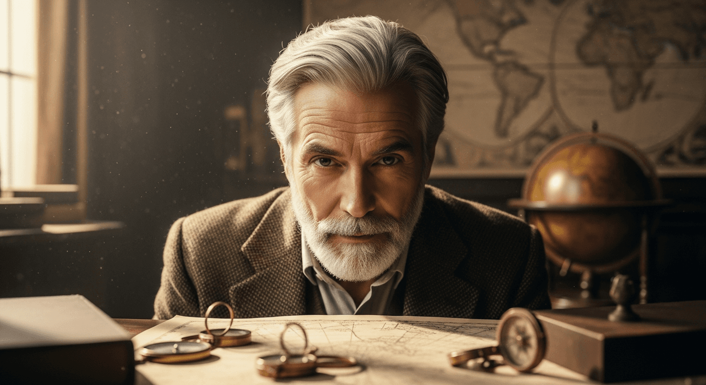 A medium close-up of a distinguished older man with silver hair and a beard, wearing a tweed jacket. He sits behind a desk with maps, compasses, and a globe in the background. This image was generated using the Imagen4 model at a resolution of 1408x768.