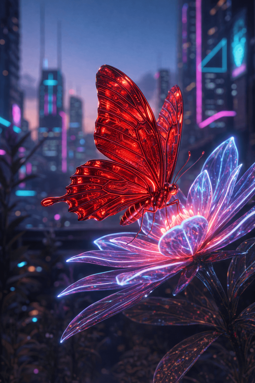 A close-up shot of a metallic crimson butterfly resting on a glowing, translucent violet flower. The background features a blurred futuristic city skyline with neon pink and blue lights at dusk. Generated with GPT Image 1.5 at 1024x1536 resolution using an image-to-image workflow.