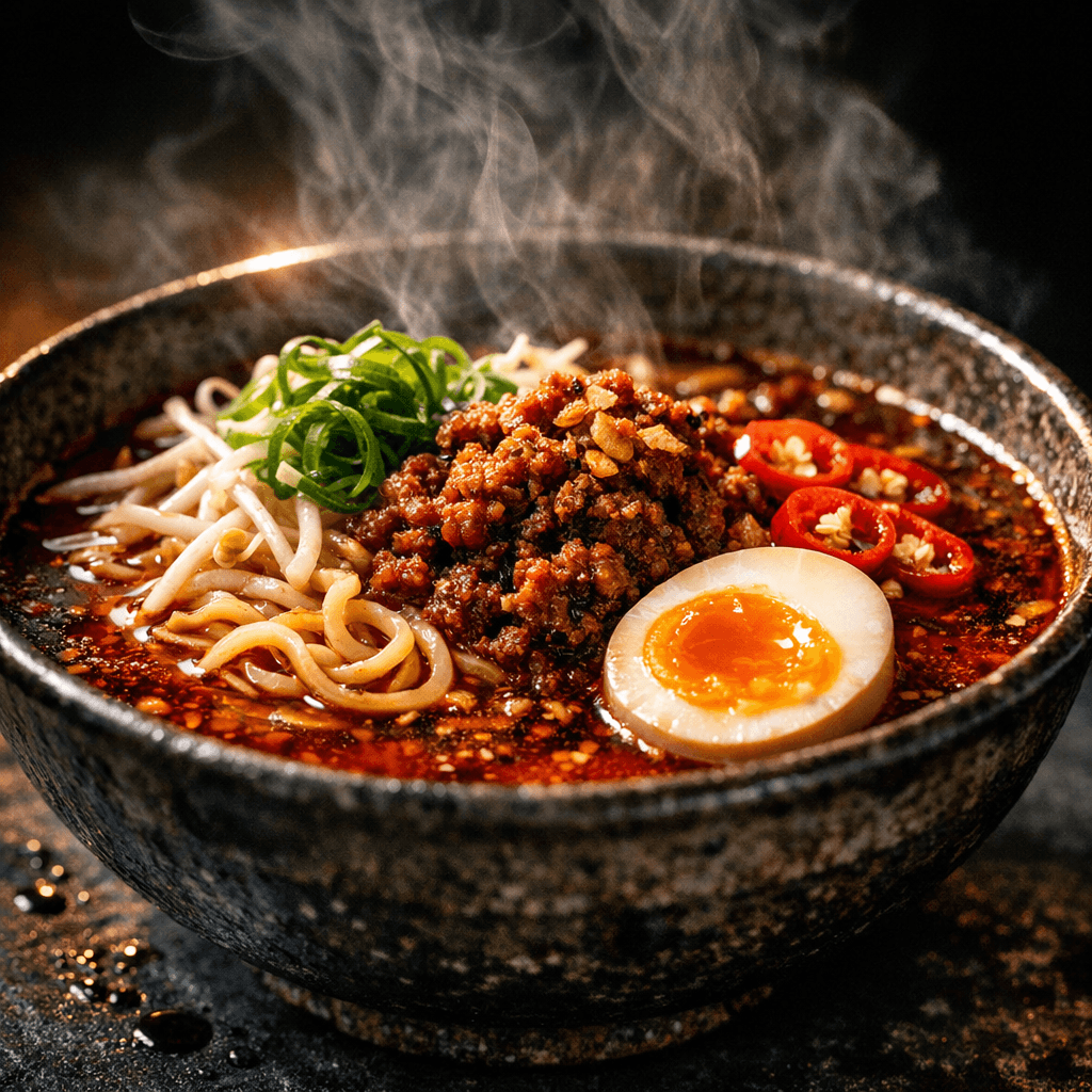 Low-angle photoreal close-up of fiery spicy miso ramen with a chili-oil sheen, jammy egg, ground pork and scallions, steam backlit against a near-black ground