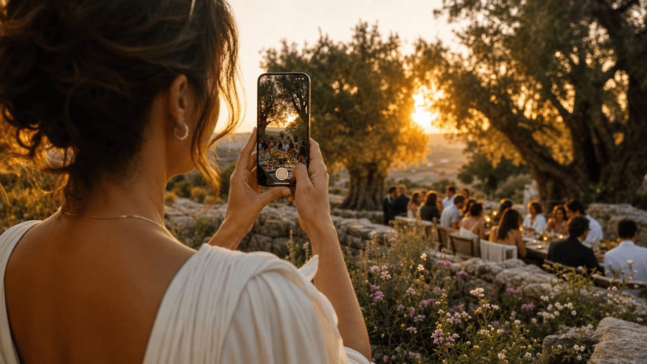 Over-the-shoulder view of a woman in a white dress holding up a smartphone to photograph an outdoor garden dinner party at sunset. The phone screen displays the camera view of the gathering. Warm golden hour light filters through olive trees. Generated with GPT Image 2 High at 1280x720 resolution.