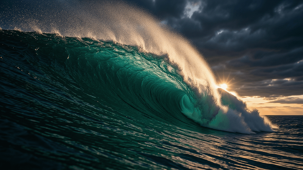 A powerful, translucent turquoise ocean wave crests and begins to break under a dramatic, cloudy sky at sunset. The sun shines through the mist and spray of the wave, creating a golden glow. Generated by Flux.2 [klein] 9B at 1024x576 resolution.