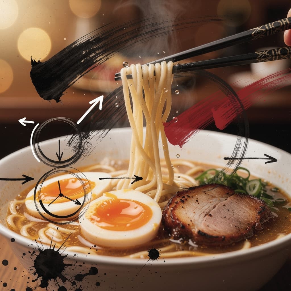 Cinematic tonkotsu ramen close-up with egg and chashu, overlaid with sweeping black calligraphic brushstrokes, fine-line annotation and a vermilion slash