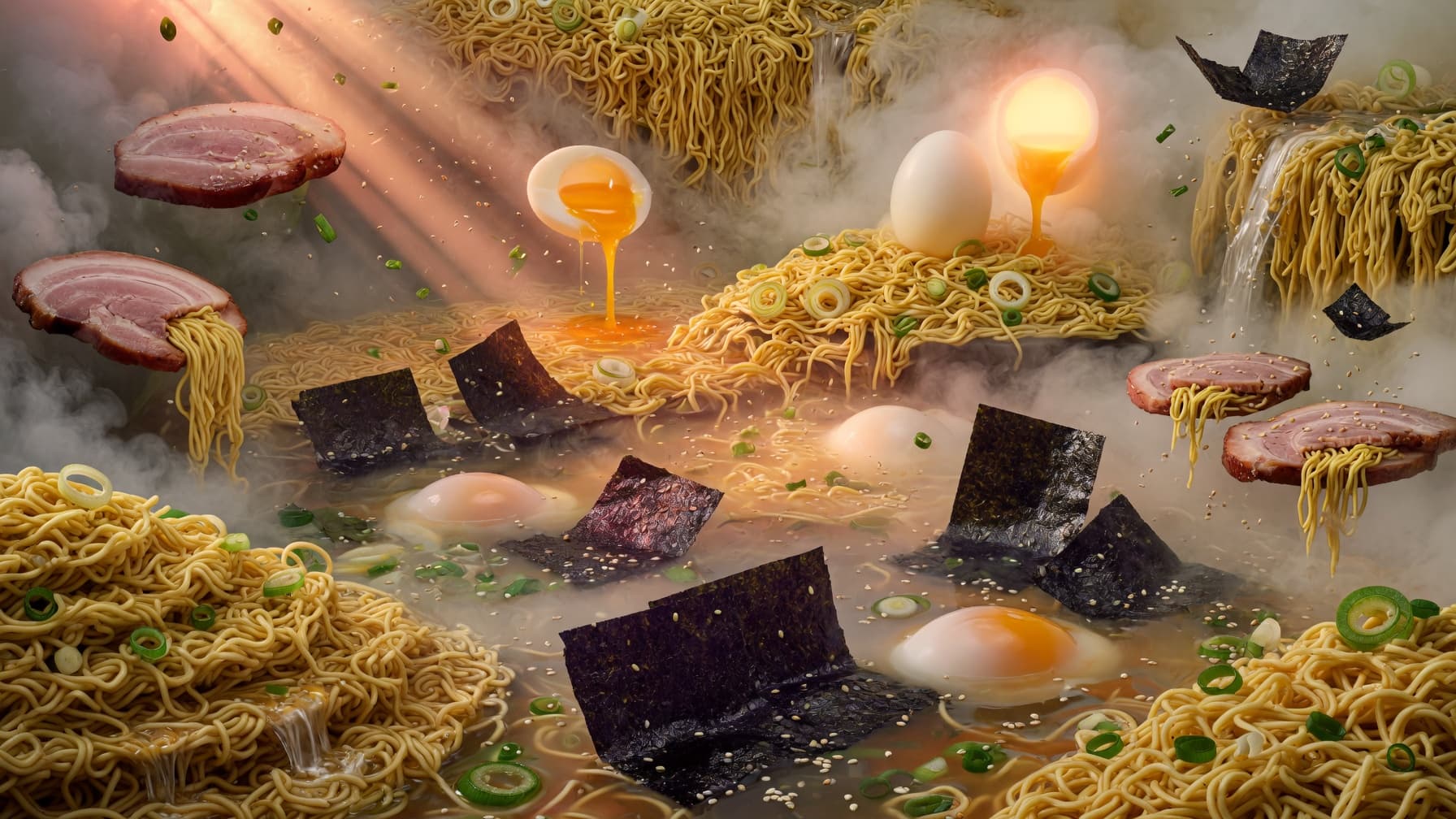 Maximalist surreal landscape built entirely from ramen: noodle rivers, broth lakes, chashu islands and egg-yolk suns under god-ray light through steam