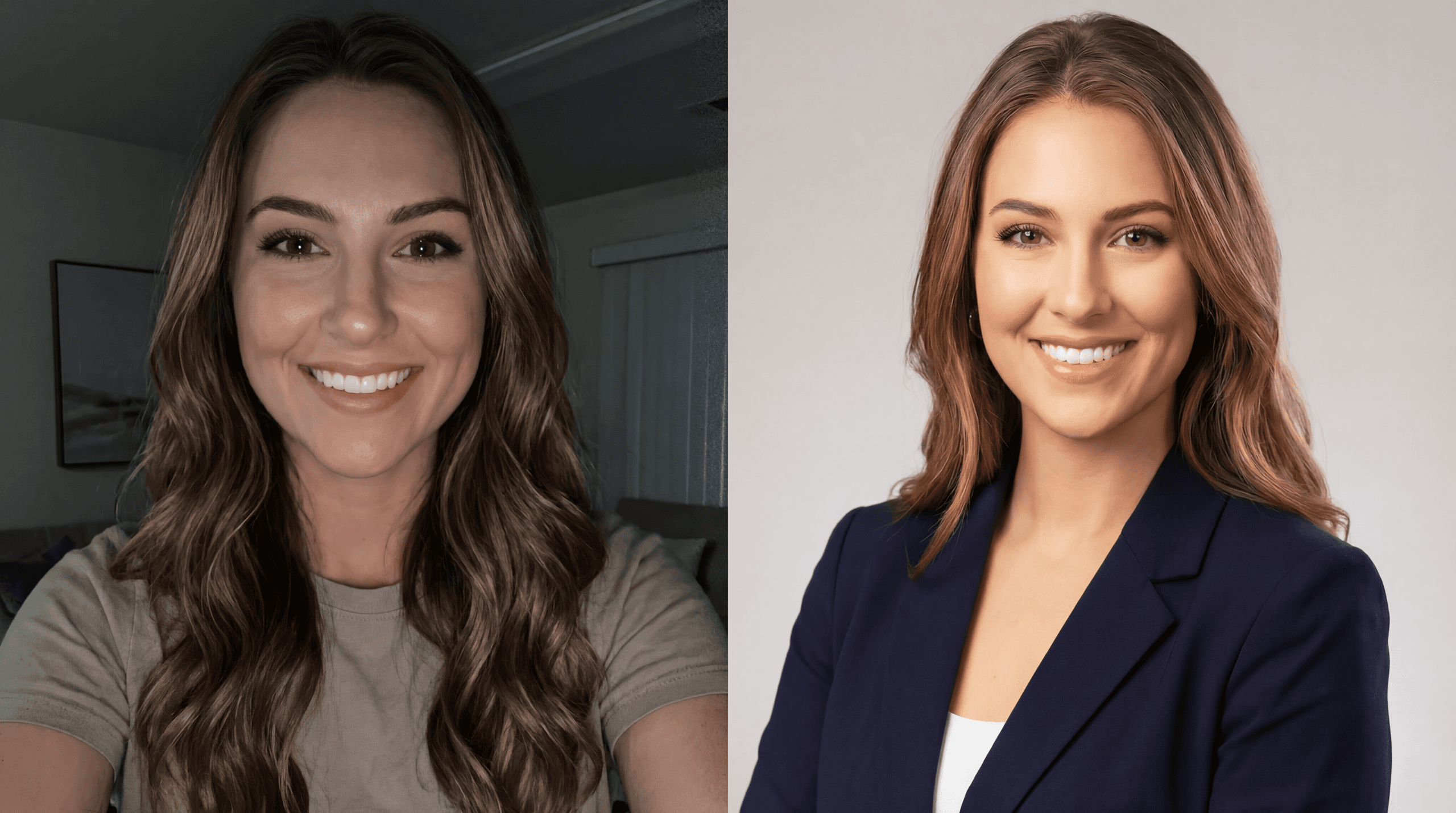 A split-screen comparison image generated by Nano Banana Pro at 5504x3072 resolution. On the left, a young woman with wavy brown hair smiles in a dimly lit, casual selfie. On the right, the same woman is shown in a brightly lit, professional corporate headshot wearing a navy blue blazer.