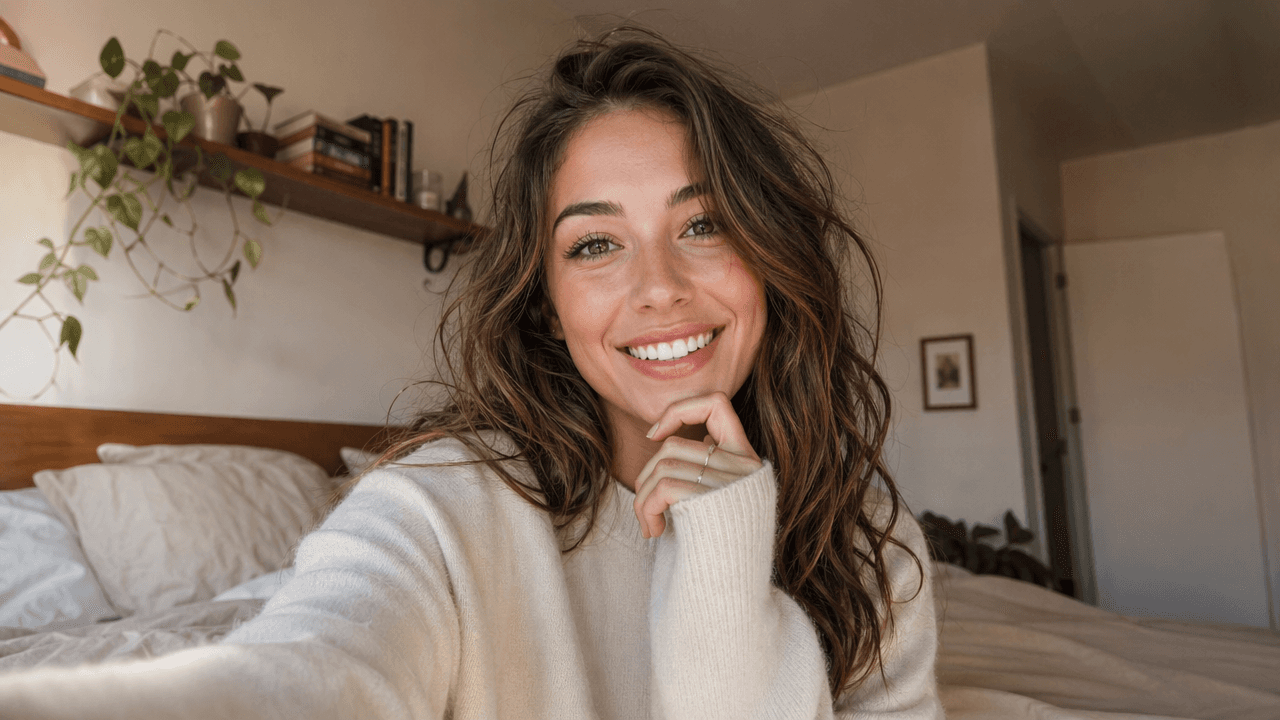 A selfie-style portrait of a smiling young woman with wavy brown hair, wearing a cream sweater in a bright bedroom. Generated at 1280x720 resolution using the GPT Image 2 Medium model on Hedra, the image features soft, natural indoor lighting, a wooden headboard, and hanging plants in the background.