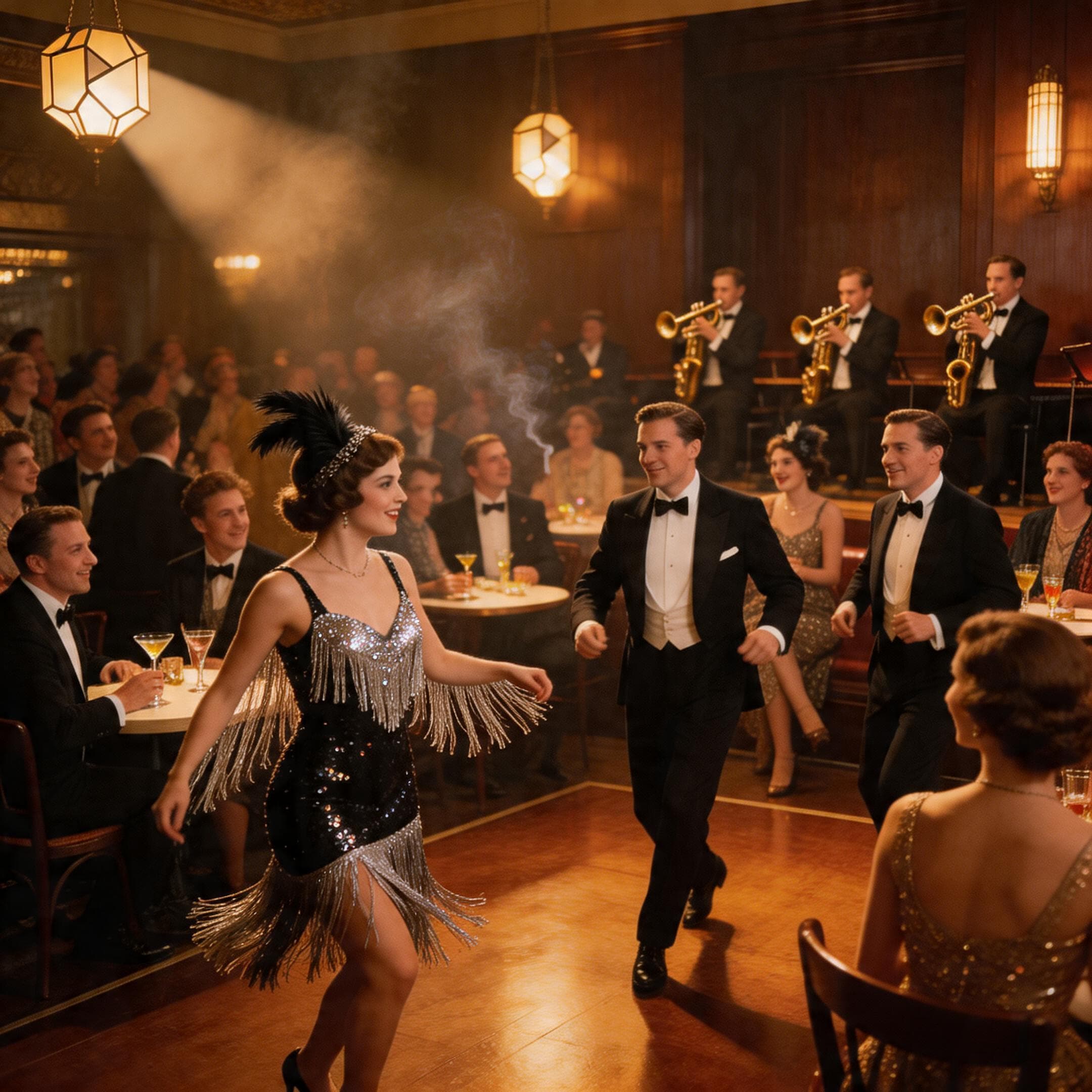 A square 1:1 resolution image generated by Seedream 5.0 Lite depicting a lively 1920s speakeasy. A flapper in a black and silver sequined fringe dress dances on a wooden floor alongside men in tuxedos, while a brass band plays under warm spotlights in the background.