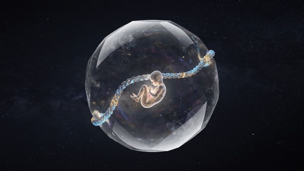 A digital art piece generated by Flux.2 [pro] at 1024x576 resolution showing a tiny, glowing human fetus floating inside a large, faceted crystal sphere. A blue and gold twisted cord runs horizontally through the sphere, all set against a dark, starry deep space background.