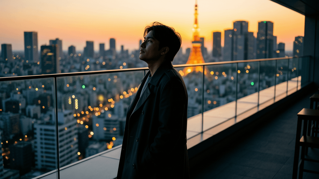 A landscape-oriented text-to-image generation at 1024x576 resolution using Flux.2 [klein] 9B. A young man in a dark trench coat stands on a high-rise balcony looking out at the Tokyo skyline during sunset. The glowing Tokyo Tower and city lights are visible in the background under a warm orange sky.