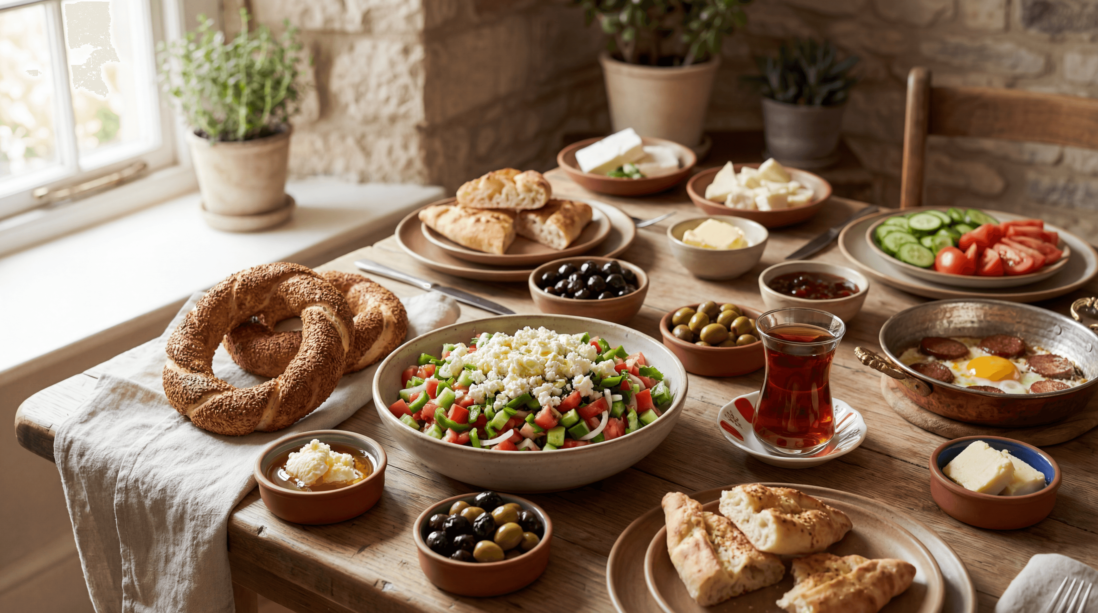 A high-resolution 5504x3072 image depicting a traditional Turkish breakfast spread on a rustic wooden table, generated by the Nano Banana Pro model. The spread includes simit bread, a fresh vegetable salad topped with feta cheese, small bowls of olives, cheese, butter, a pan of fried eggs with sausage, and a glass of Turkish tea.