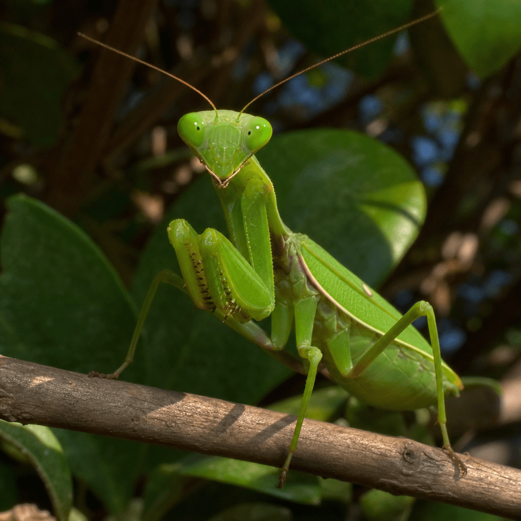 A close-up photograph of a vibrant green praying mantis perched on a thin wooden branch, facing forward with folded legs. The background is filled with soft-focus green leaves in dappled sunlight. Generated using GPT Image 2 Medium at 1024x1024 resolution.