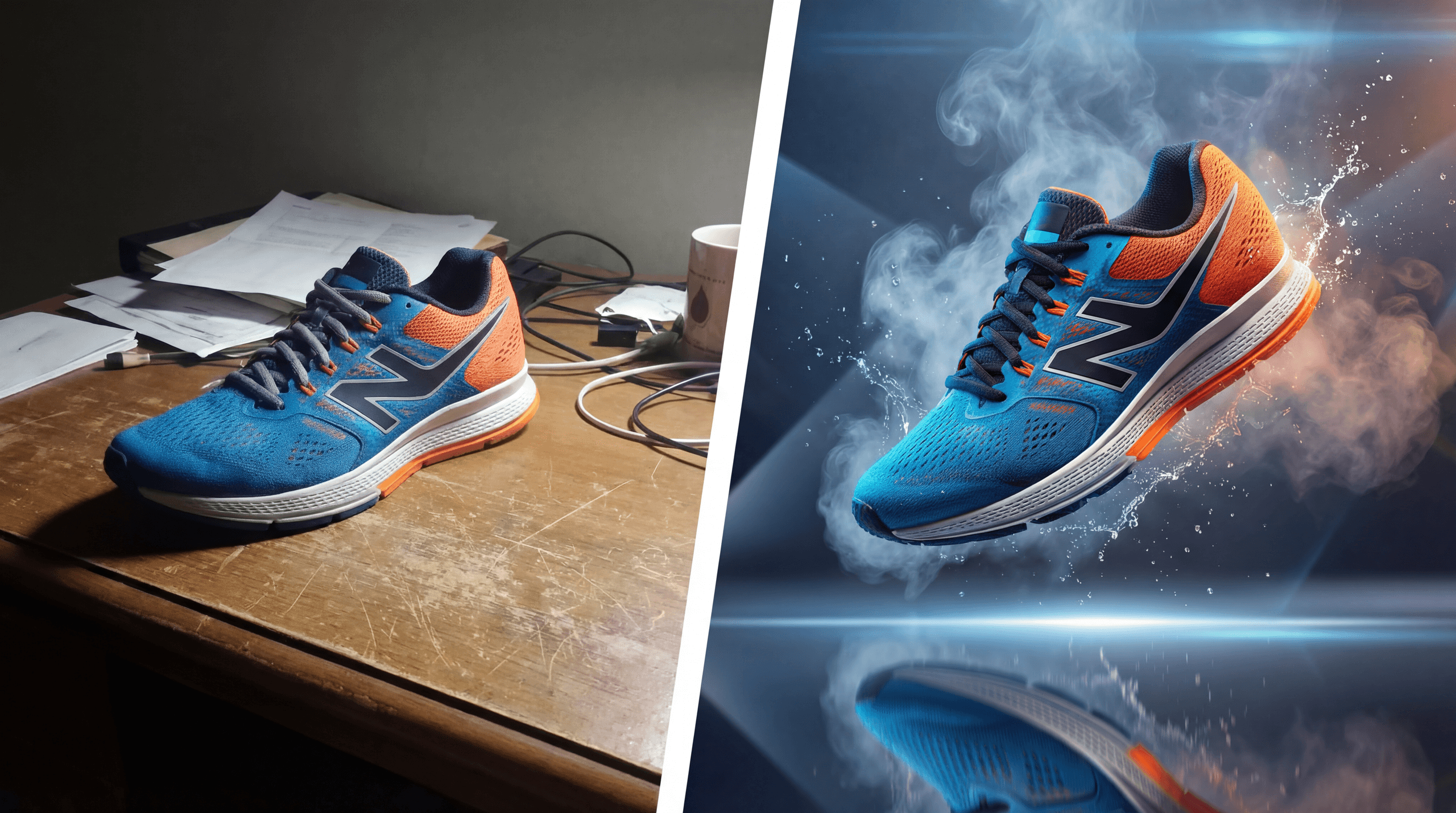 A split-screen image showing a blue and orange running shoe. On the left, the shoe sits on a messy wooden desk under dim light. On the right, the same shoe floats in a dynamic commercial setting with smoke, water splashes, and lens flares, generated by Nano Banana Pro at 5504x3072 resolution.