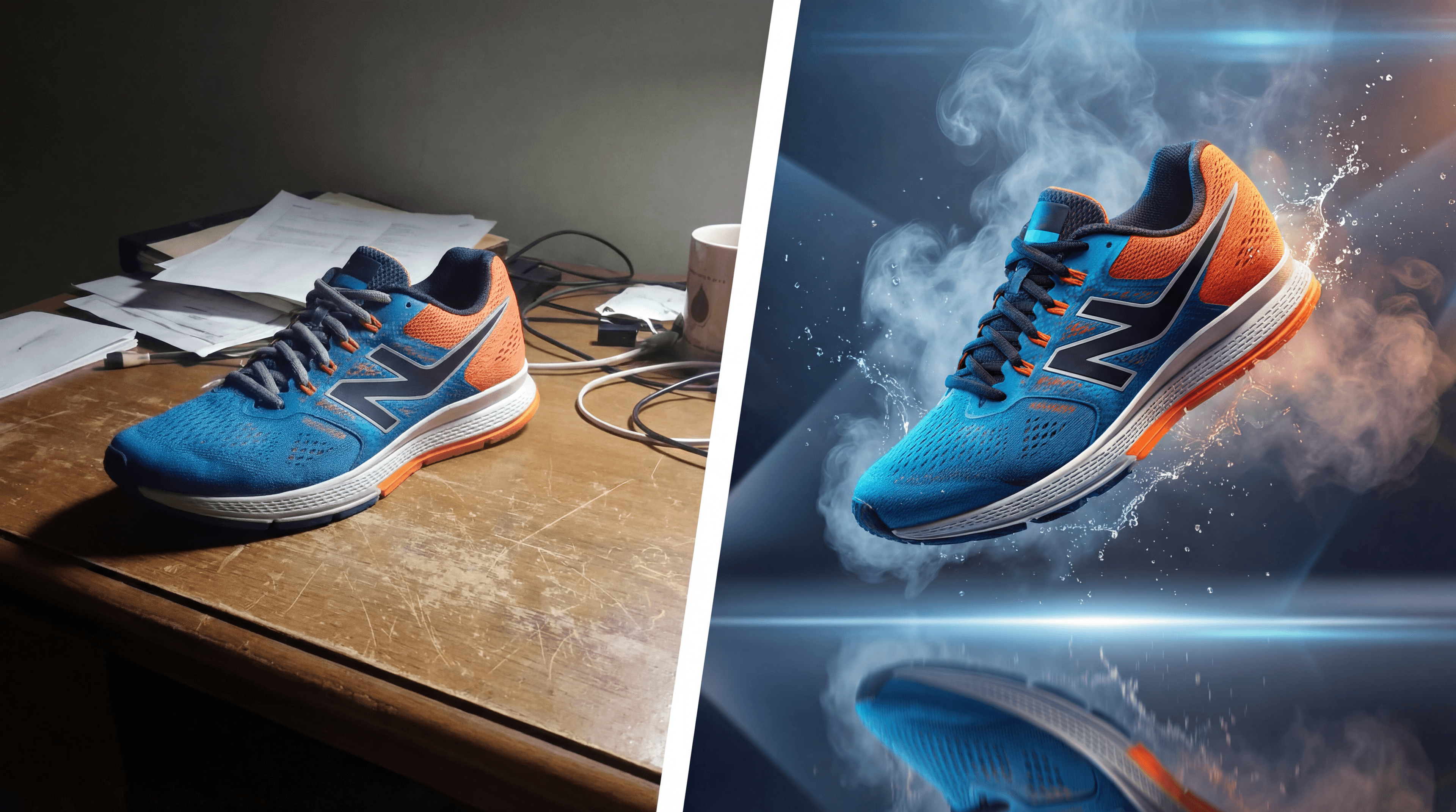 A split-screen image showing a blue and orange running shoe. On the left, the shoe sits on a messy wooden desk under dim light. On the right, the same shoe floats in a dynamic commercial setting with smoke, water splashes, and lens flares, generated by Nano Banana Pro at 5504x3072 resolution.