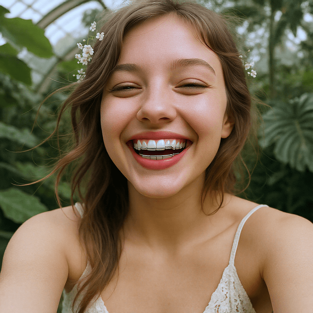 A square 1024x1024 text-to-image generation using the Flux Kontext Max model, showing a close-up selfie of a young woman with brown hair smiling widely. She has small white flowers in her hair and visible orthodontic braces. The background is a lush, green greenhouse with soft, natural lighting.