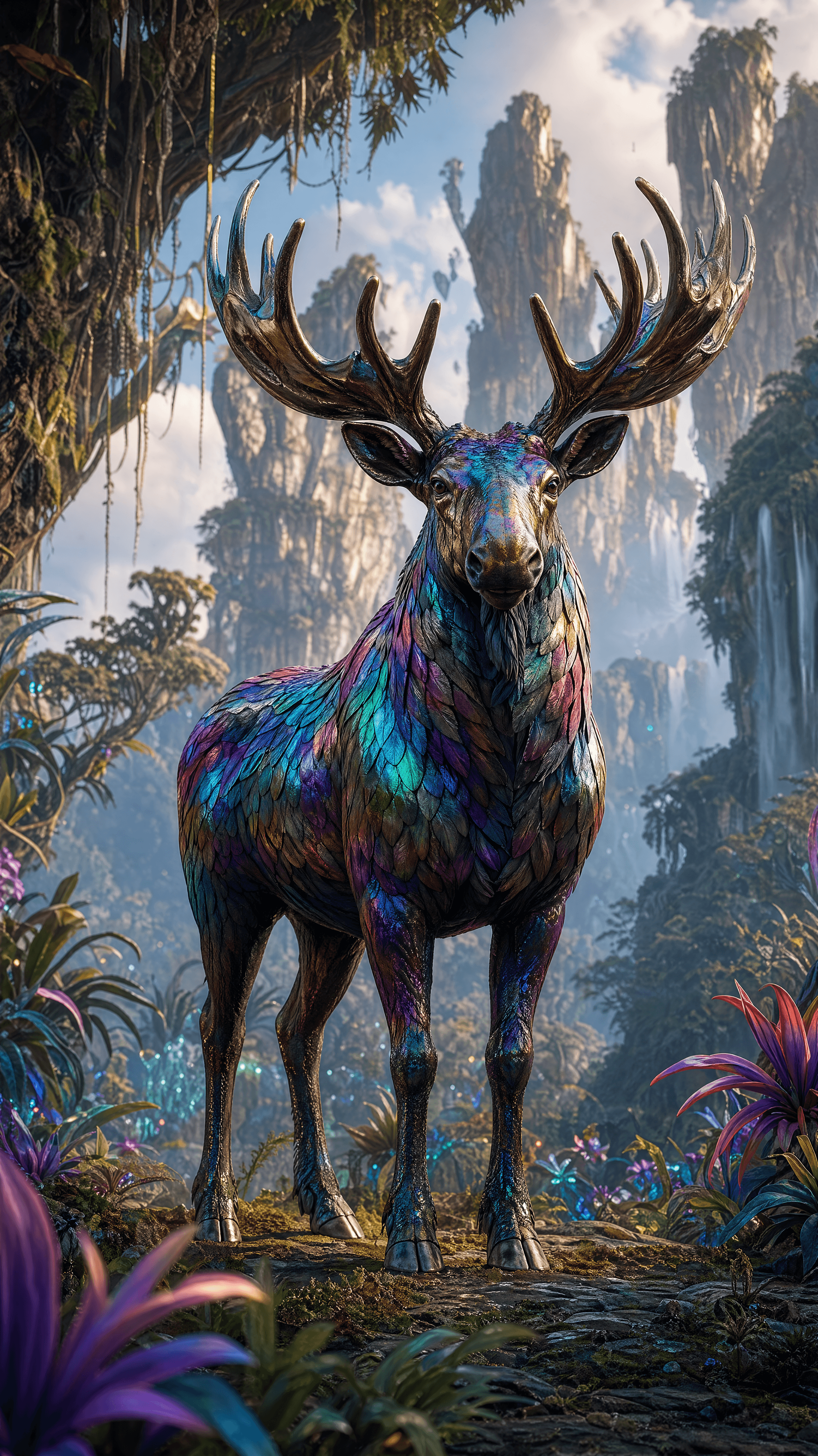 A full-body vertical image of a majestic moose with a body covered in iridescent, rainbow-colored metallic scales instead of fur. It stands in a lush fantasy forest with exotic plants and towering rock spires in the background. Generated using GPT Image 2 High in 2160x3840 resolution.