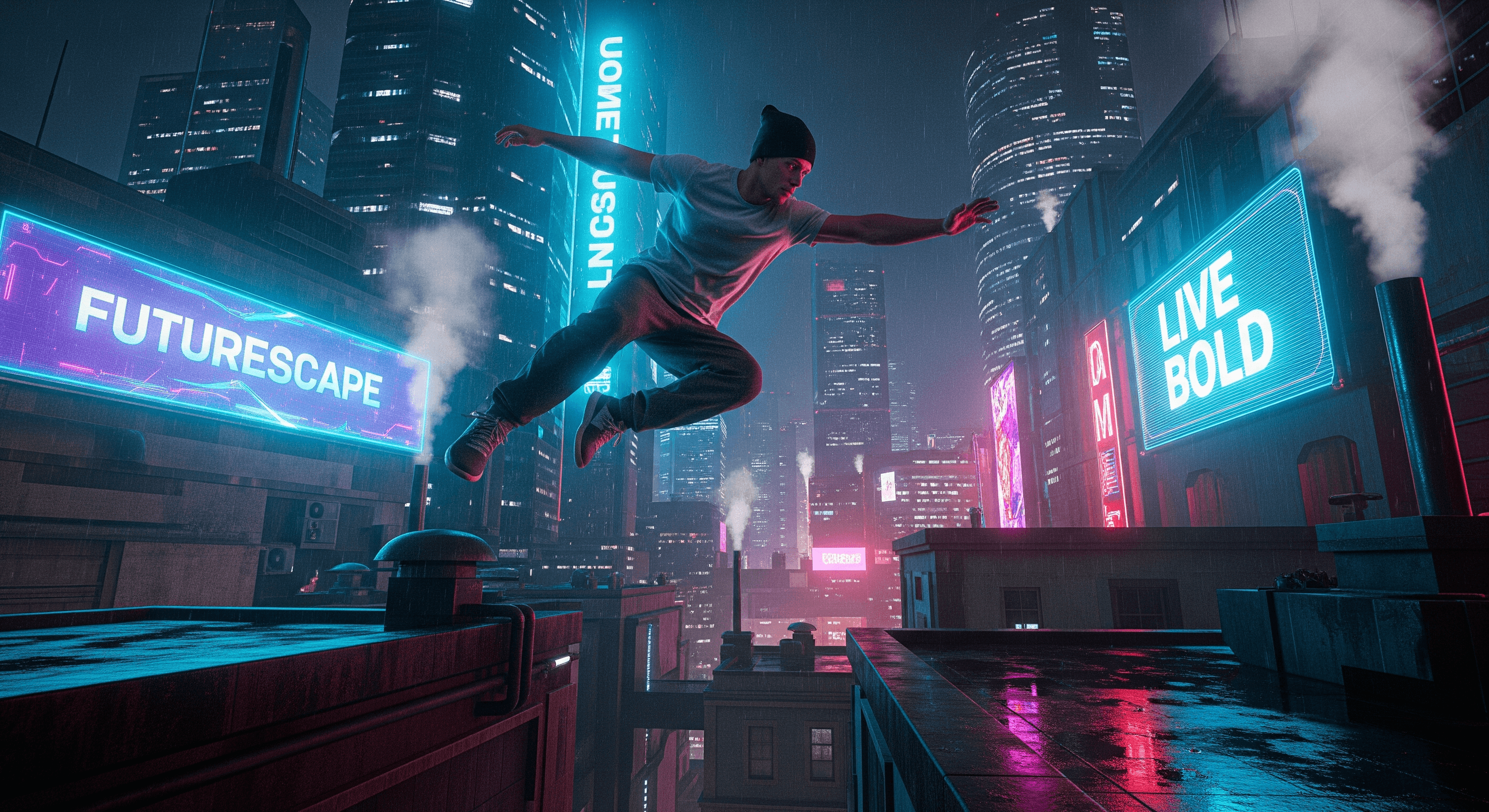 A digital image generated by Imagen4 at 2816x1536 resolution, showing a male parkour runner mid-air between wet rooftops in a futuristic city at night. Bright neon signs reading FUTURESCAPE and LIVE BOLD illuminate the scene, with skyscrapers and steam vents in the background.