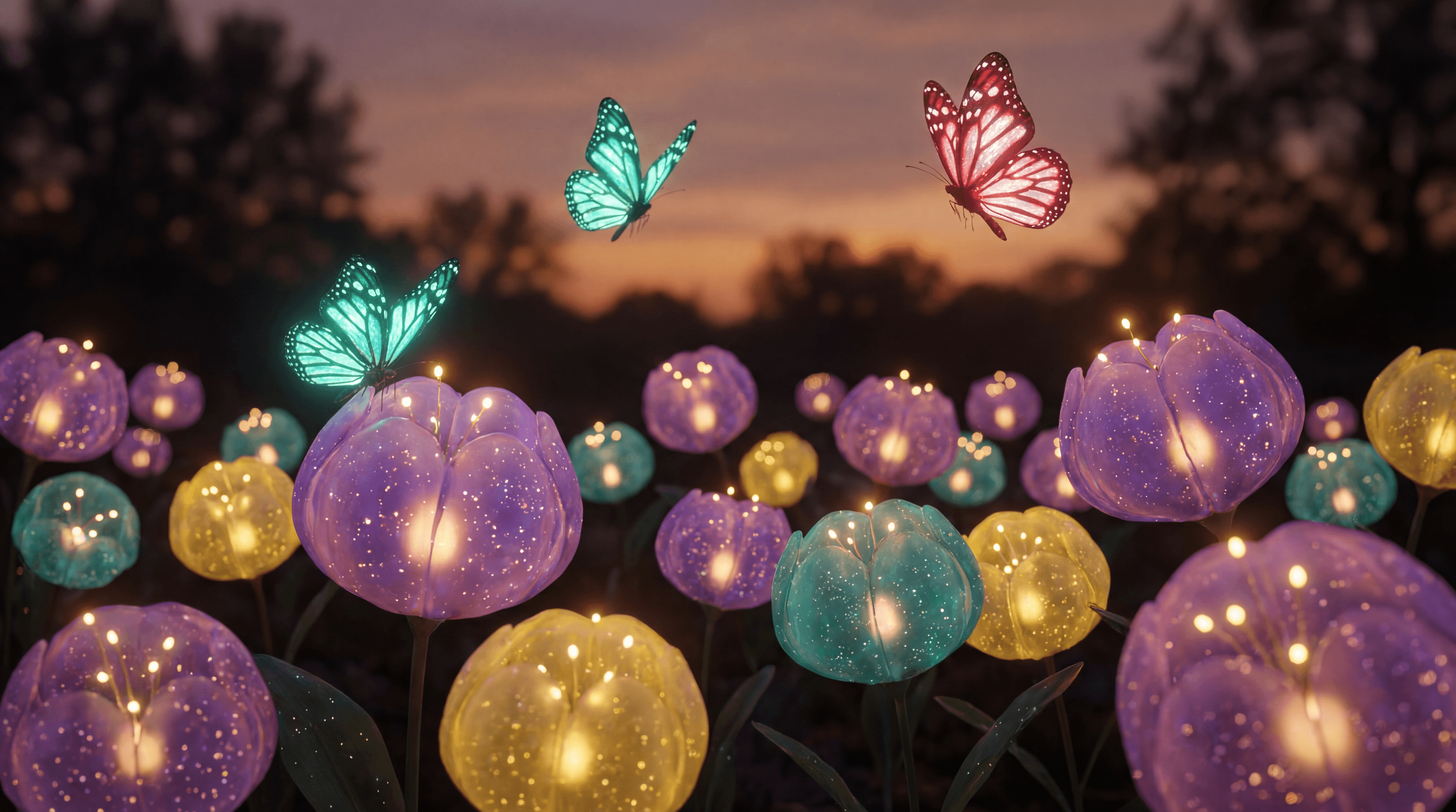 An ultra-high-resolution 5504x3072 image generated by Nano Banana Pro, showing a field of glowing, translucent tulip-like flowers in purple, yellow, and teal. Tiny lights sparkle inside each bloom under a dusk sky. Three luminous butterflies, two teal and one pinkish-red, flutter above the field.