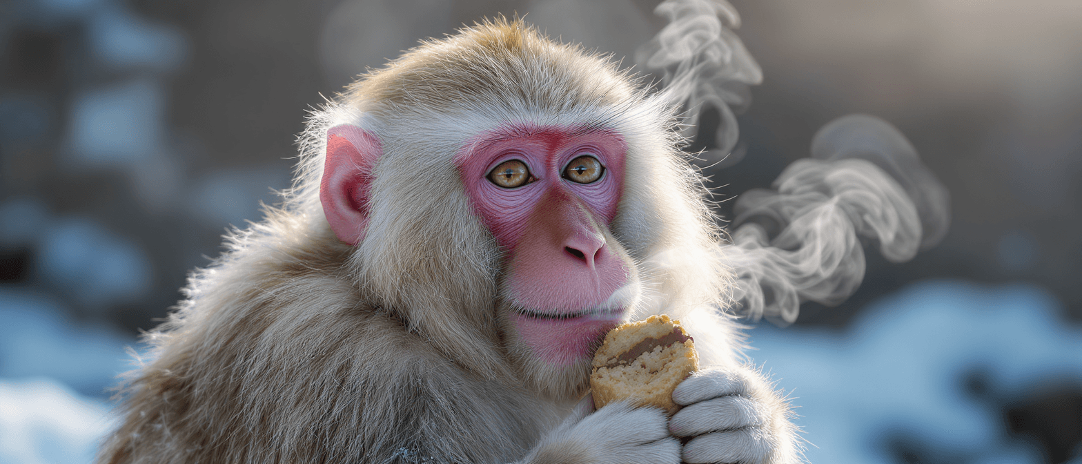 A close-up horizontal portrait of a Japanese snow monkey with light fur and a pink face holding a small pastry. Visible steam rises from its breath against a cold, snowy, out-of-focus background. This image was generated using the Flux Kontext Pro model at 1568x672 resolution.