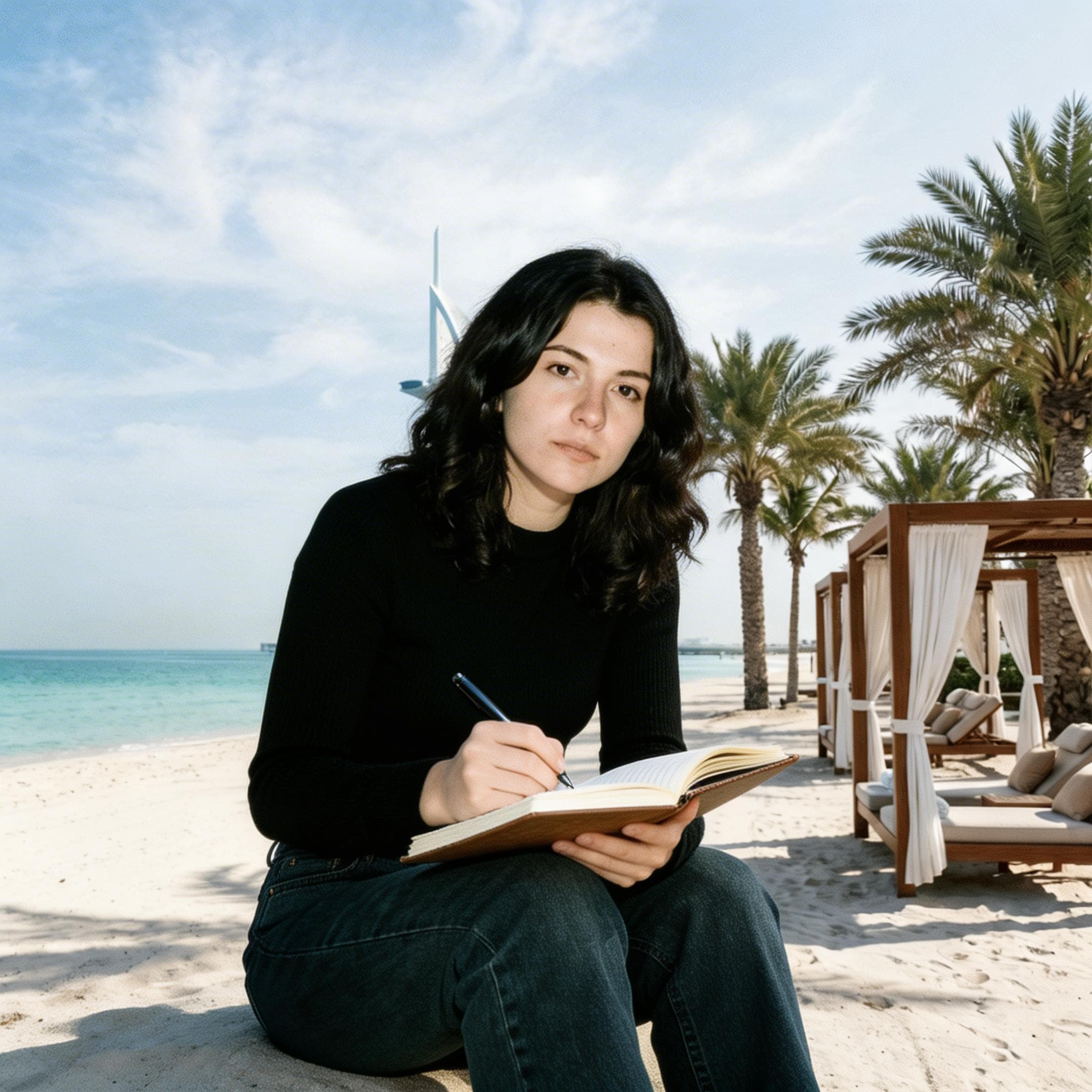 A square image of a young woman with dark wavy hair sitting on a sandy beach, holding an open notebook and a pen. She wears a black long-sleeve shirt and dark jeans. In the background are palm trees, beach cabanas, and a sail-shaped hotel. Generated via image-to-image with Seedream 5.0 Lite at 2160x2160 resolution.