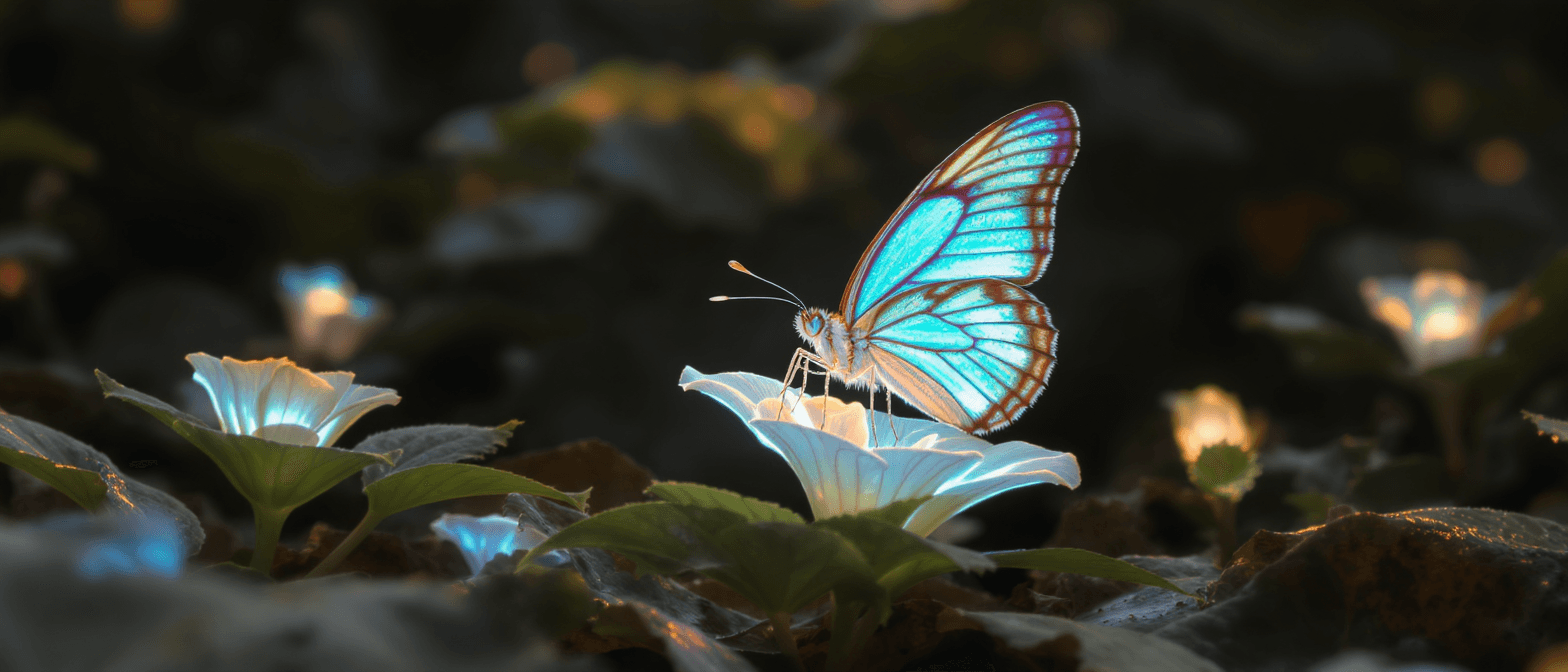 A medium close-up shot of an iridescent turquoise butterfly with orange-trimmed wings perched on a glowing white bioluminescent flower. Several other small glowing flowers dot the dark, soft-focus forest floor background. This text-to-image asset was generated by Flux Kontext Max at a resolution of 1568x672.