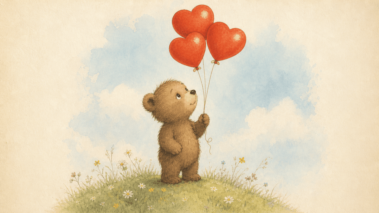 A whimsical digital illustration of a small, fluffy brown bear cub standing on a grassy hill, holding three red heart-shaped balloons. The background features a soft blue sky with light clouds. This landscape image was generated by GPT Image 2 Medium at 1280x720 resolution using image-to-image generation.