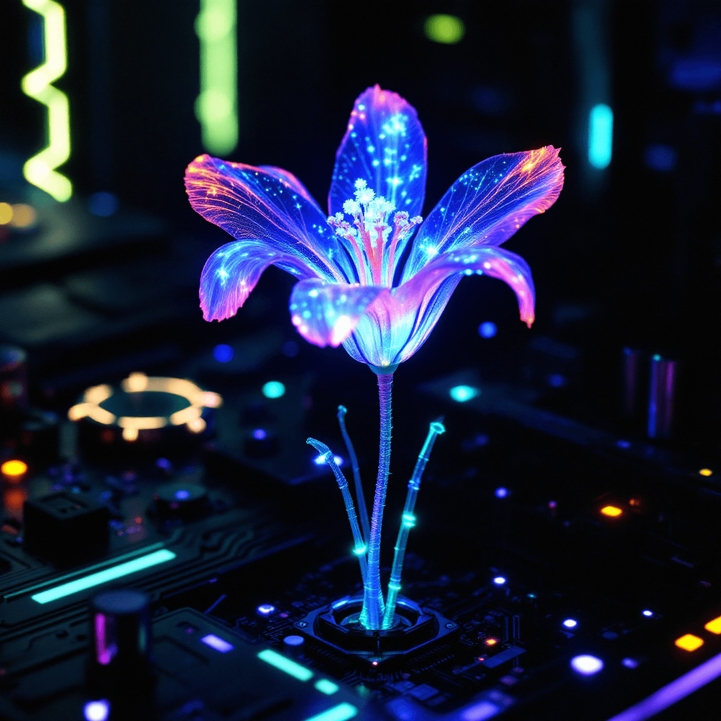 A close-up shot of a glowing, bioluminescent flower with translucent blue and pink petals growing directly out of a dark, lit computer circuit board. Generated with Flux 1.1 Pro at 1440x1440 resolution, the image showcases glowing fiber-optic stems and neon-colored electronic components in the dark background.