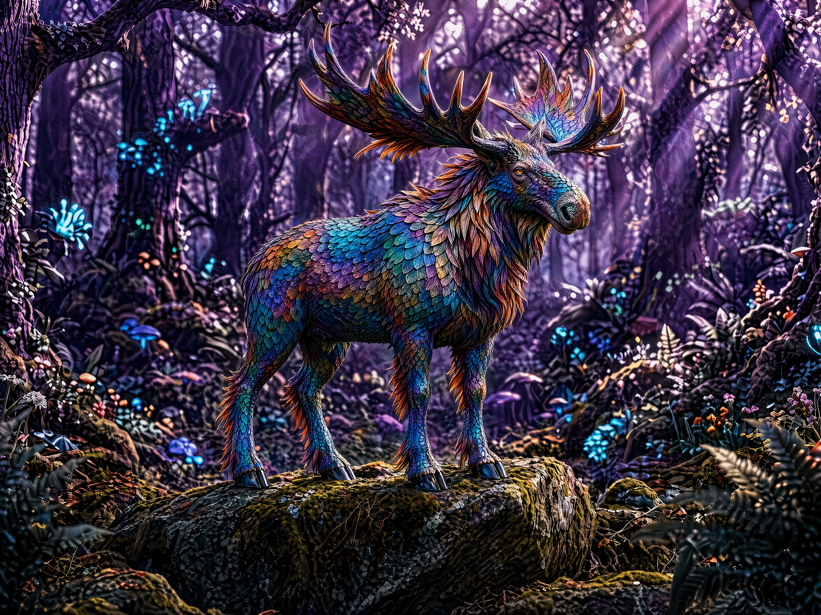 A majestic moose with iridescent, rainbow-colored scales standing on a mossy rock in a glowing purple forest. Generated by GPT Image 2 High at 3200x2400 resolution, this image-to-image creation features ornate antlers and bioluminescent flora in the background.