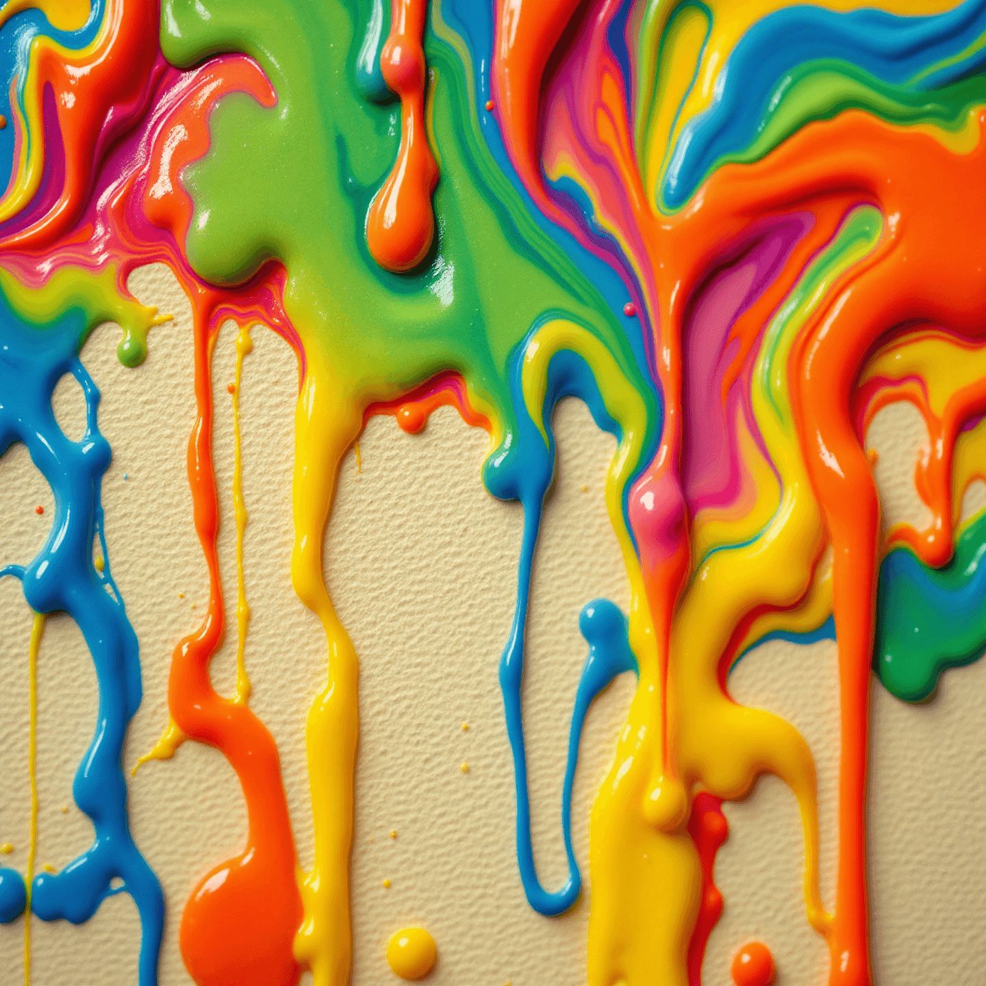 A close-up shot of vibrant, thick, colorful acrylic paint dripping down a textured off-white canvas. The neon shades of green, blue, orange, pink, and yellow merge as they flow downward. This high-resolution 1440x1440 image was generated using the Flux 1.1 Pro model.