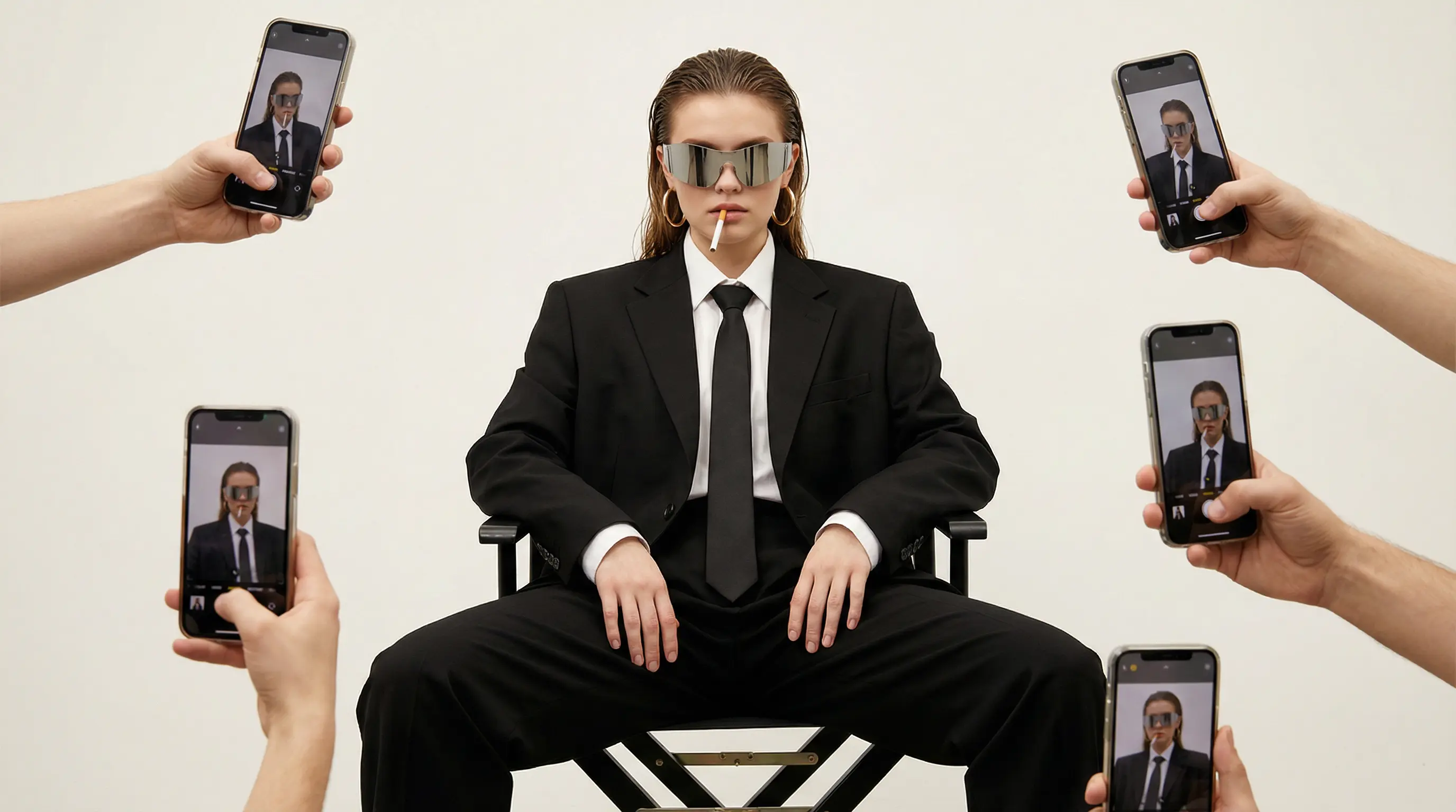 Person in a black suit and mirrored sunglasses filmed by five hands holding phones showing the same portrait
