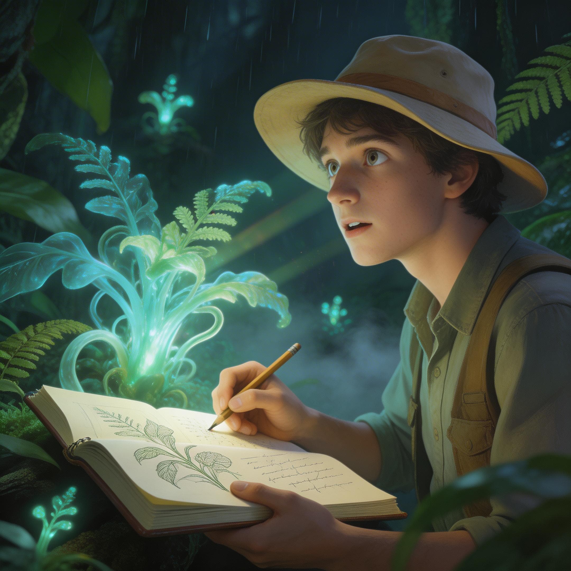 An illustration of a young male botanist wearing a sunhat and khaki shirt, sketching a glowing, bioluminescent green plant in an open journal. He looks up in wonder. Generated with Seedream 5.0 Lite at 2160x2160 resolution, the scene features a dark, rainy jungle setting.