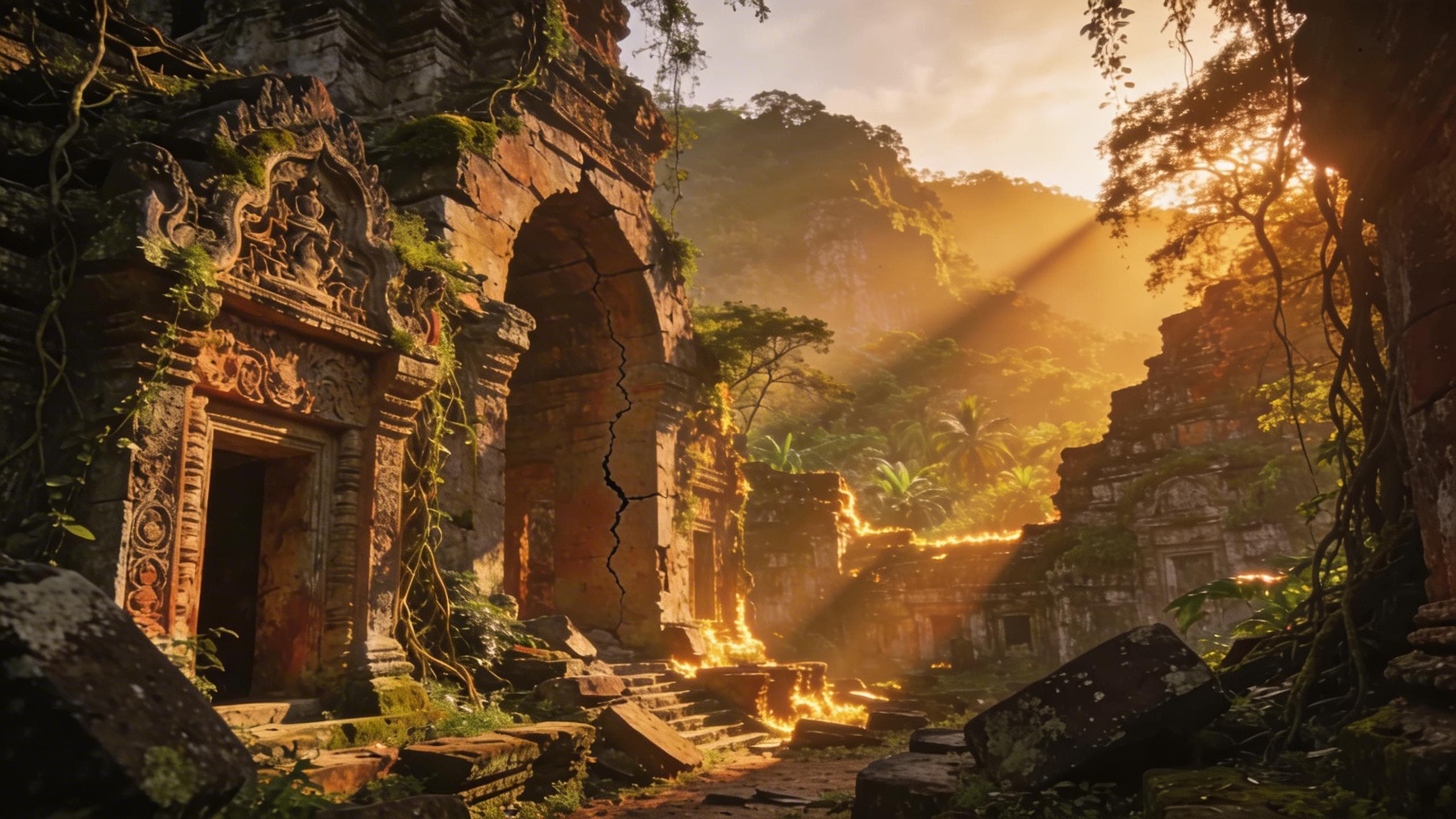 A wide shot of ancient, crumbling stone temple ruins overgrown with moss and vines in a dense jungle. Sunbeams stream through the trees, illuminating the weathered archways and ornate carvings. This landscape image was generated by Seedream 5.0 Lite at 2560x1440 resolution.