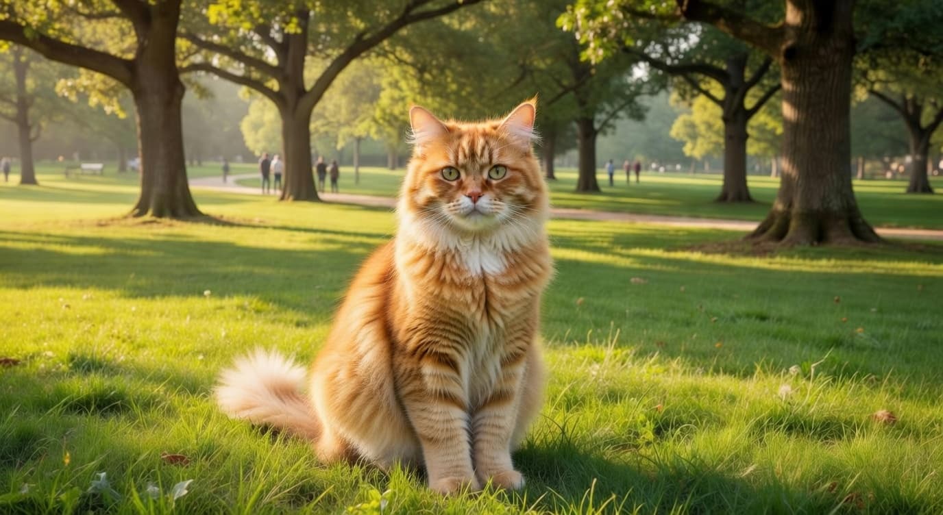 A high-resolution 1376x752 image-to-image generation showing a fluffy, orange-striped ginger cat sitting upright on a vibrant green lawn. The cat is centered in the frame, looking directly forward. The background features a sun-drenched park with large trees and distant figures, generated using Grok Imagine.