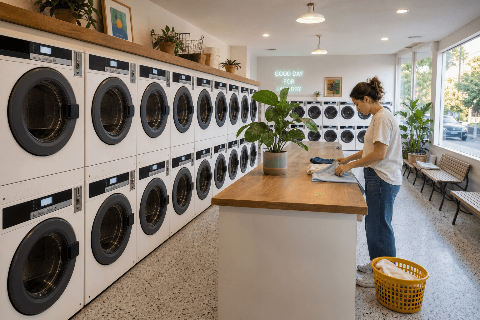 A bright modern laundromat with rows of identical, matching machines.