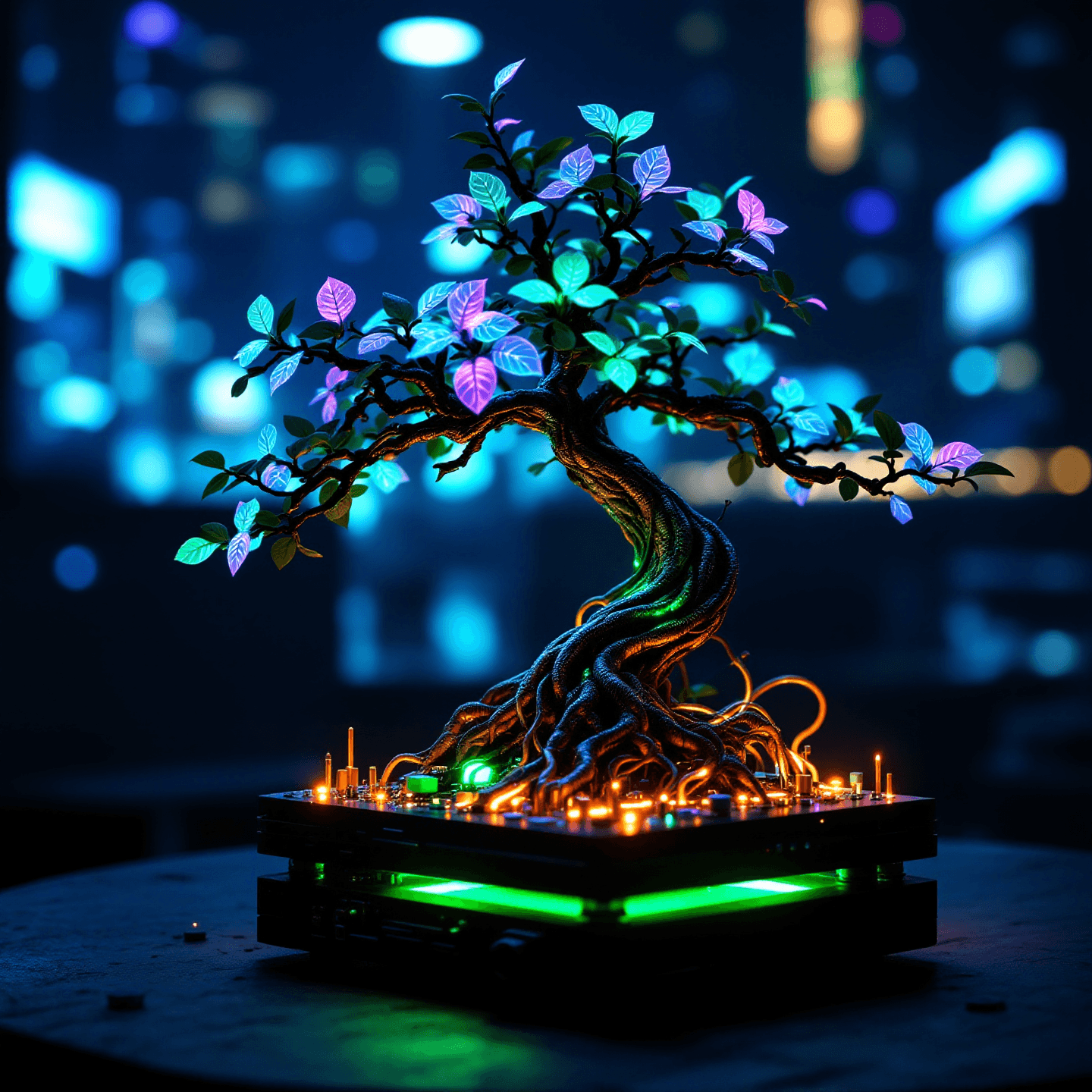 A square 1440x1440 digital image of a futuristic bonsai tree generated by Flux 1.1 Pro. The tree features glowing purple and cyan holographic leaves, with its detailed roots intertwined with an illuminated electronic circuit board base. The background is a dark, out-of-focus cityscape with blue and yellow bokeh lights.