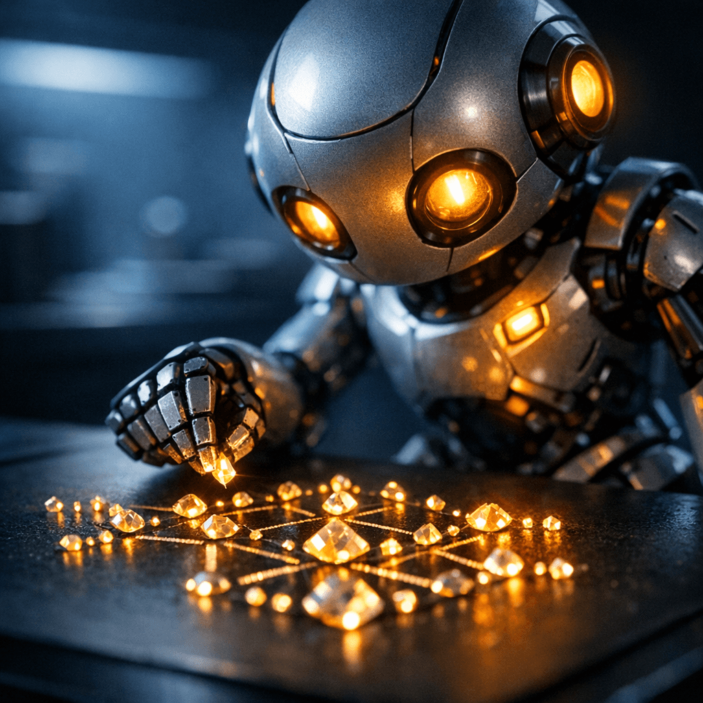 A close-up shot of a small metallic robot with glowing orange eyes and chest lights. The robot meticulously places tiny, glowing amber crystals in a geometric pattern on a dark table. This square 1024x1024 image was created using the GPT Image 1.5 model.
