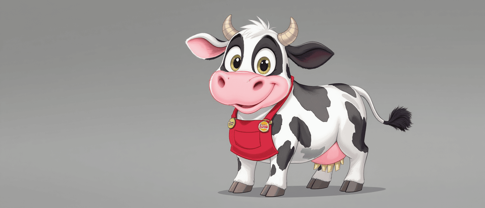 A 21:9 digital illustration of a cheerful, cartoon-style black and white cow wearing a red apron, generated using the Flux Kontext Pro model at 1568x672 resolution. The cow has large green eyes, a pink nose, small horns, and a friendly smile, standing against a solid gray background.