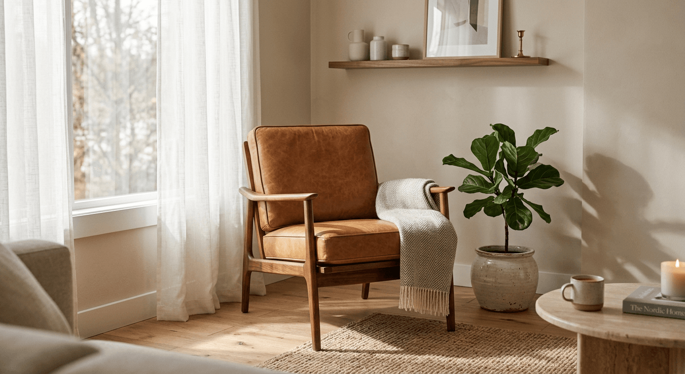 Photoreal mid-century modern walnut accent chair with tan leather upholstery in a sunlit Scandinavian living room with linen curtains, oak flooring and a fiddle-leaf fig
