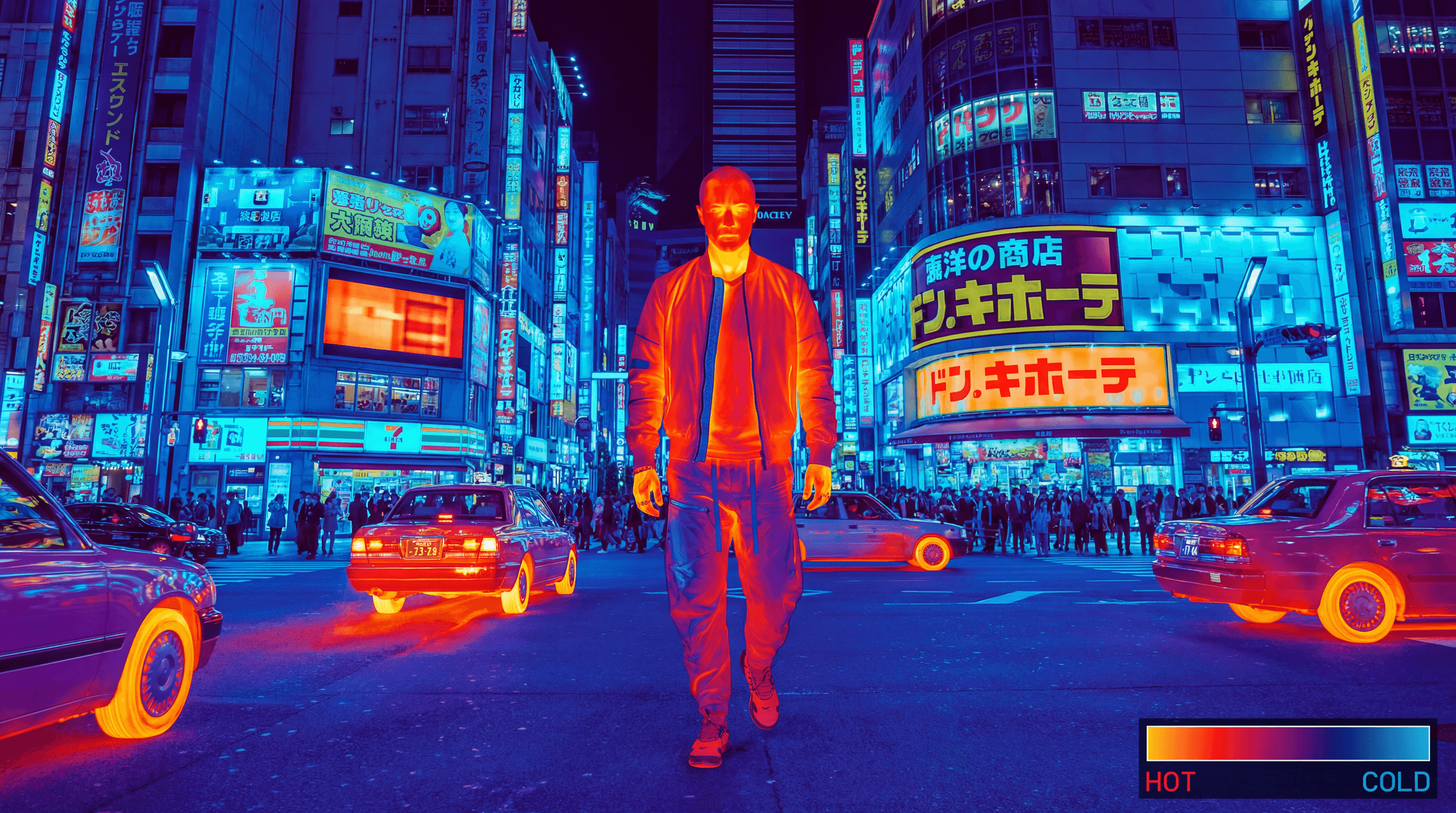 A high-resolution 5504x3072 image generated by Nano Banana Pro showing a man walking down a Tokyo street. The entire scene is rendered in a thermal imaging style, with the central figure and car tires glowing in hot orange, while the surrounding buildings appear in cold blue.