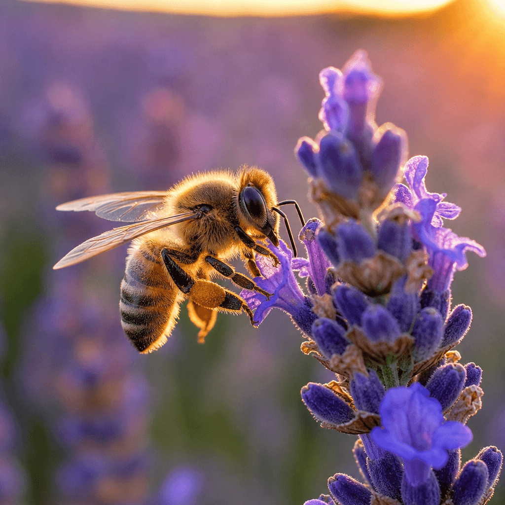 A close-up, 1024x1024 resolution macro image generated with GPT Image 2 Medium. It depicts a fuzzy honeybee with pollen-dusted legs clinging to a bright purple lavender stem. The background consists of a beautifully blurred field of lavender bathed in warm, golden sunset light.