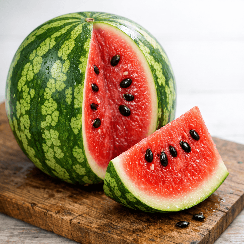 A whole green-striped watermelon with a wedge cut out, sitting next to a separate triangular slice on a rustic wooden cutting board. The bright red flesh shows black seeds. Generated with GPT Image 1.5 in a 1:1 aspect ratio at 1024x1024 resolution.