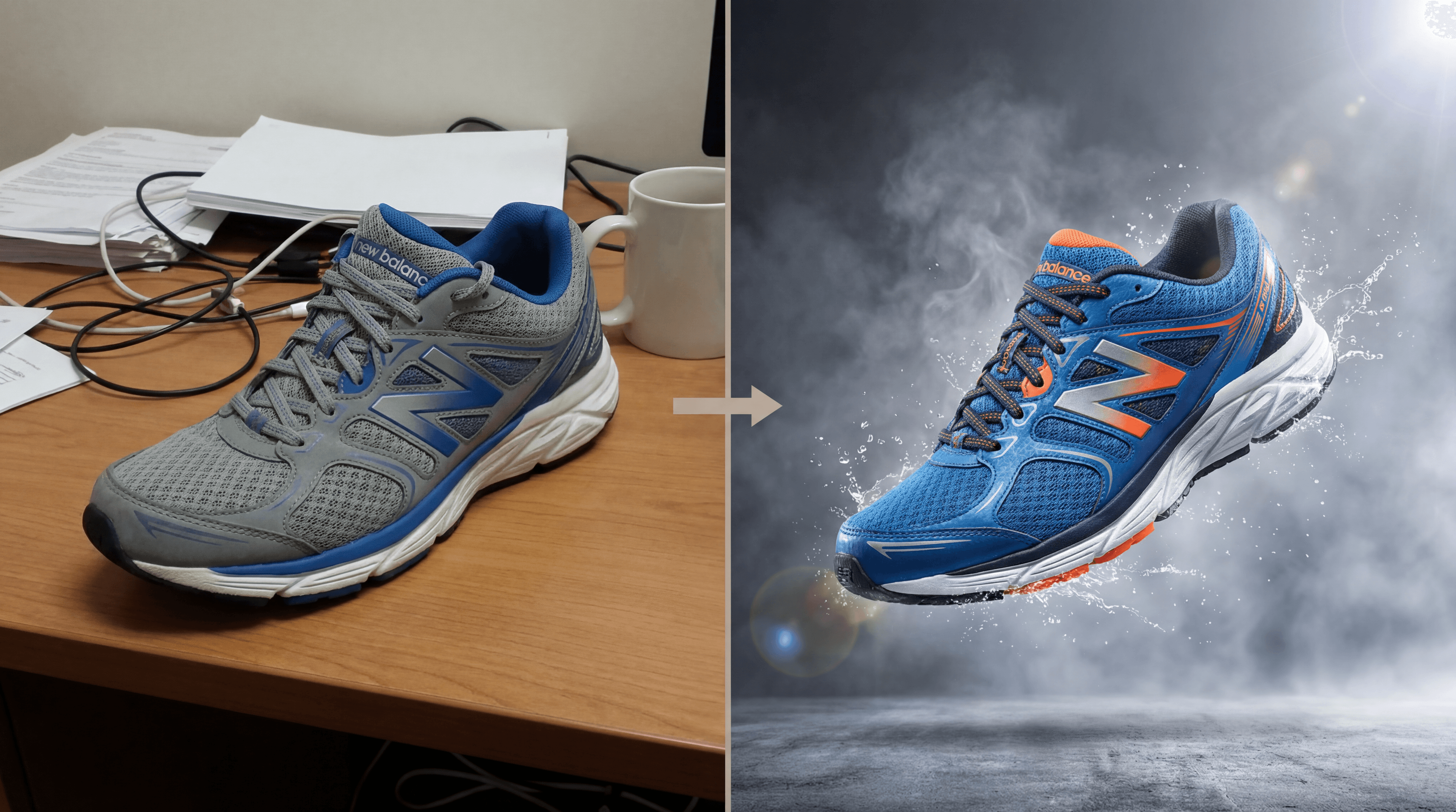 A split-screen comparison image. The left side displays a grey and blue running shoe on a cluttered office desk. The right side shows a transformed, vibrant blue and orange sneaker floating in a dark studio setting with smoke and water splashes, generated by Nano Banana Pro at 5504x3072 resolution.