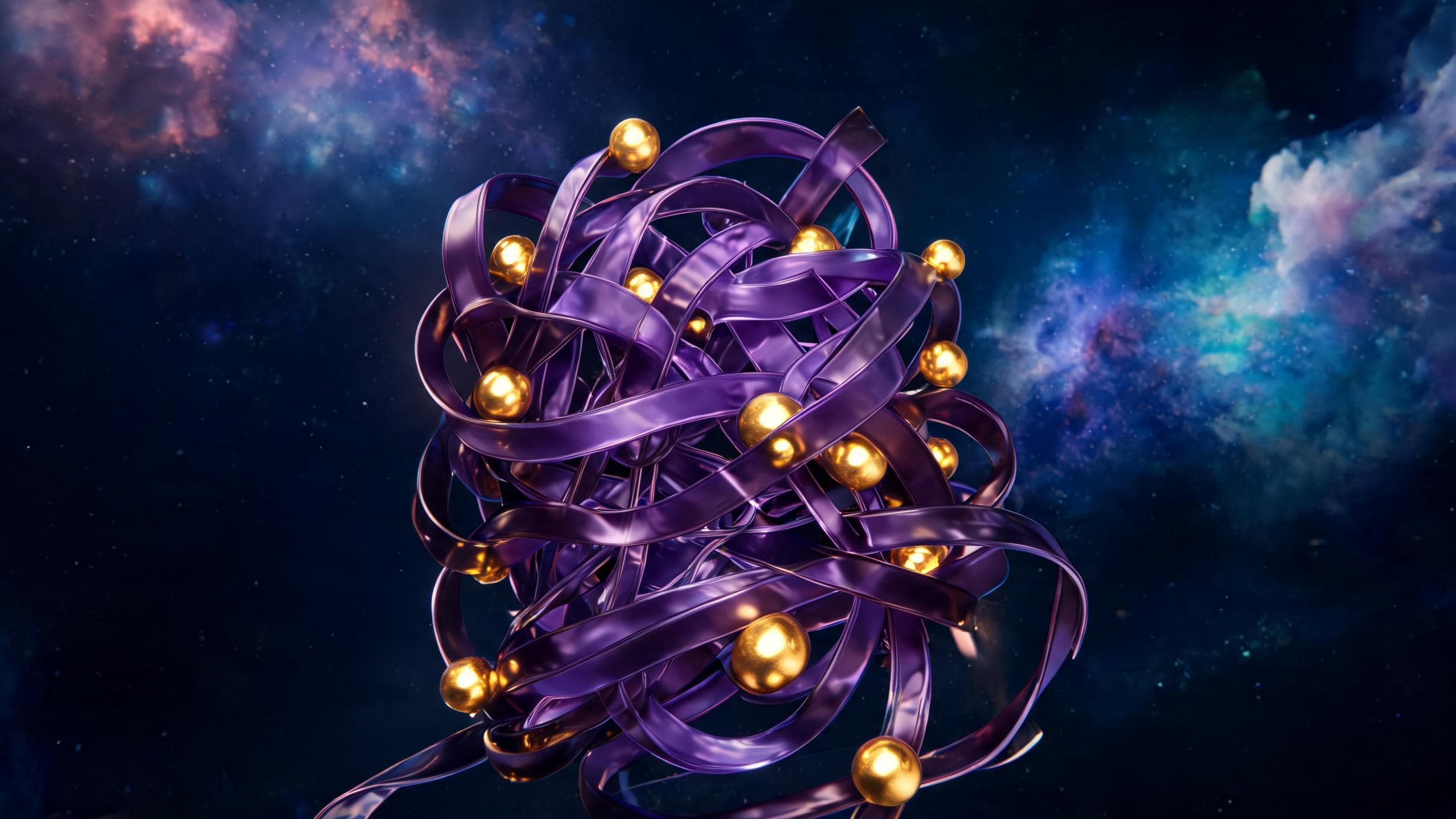 An abstract, high-resolution 2560x1440 image generated with Seedream 5.0 Lite. A complex knot of shiny purple ribbons is intertwined with metallic gold spheres. The structure floats in outer space, surrounded by soft, colorful nebulae in shades of blue and pink.